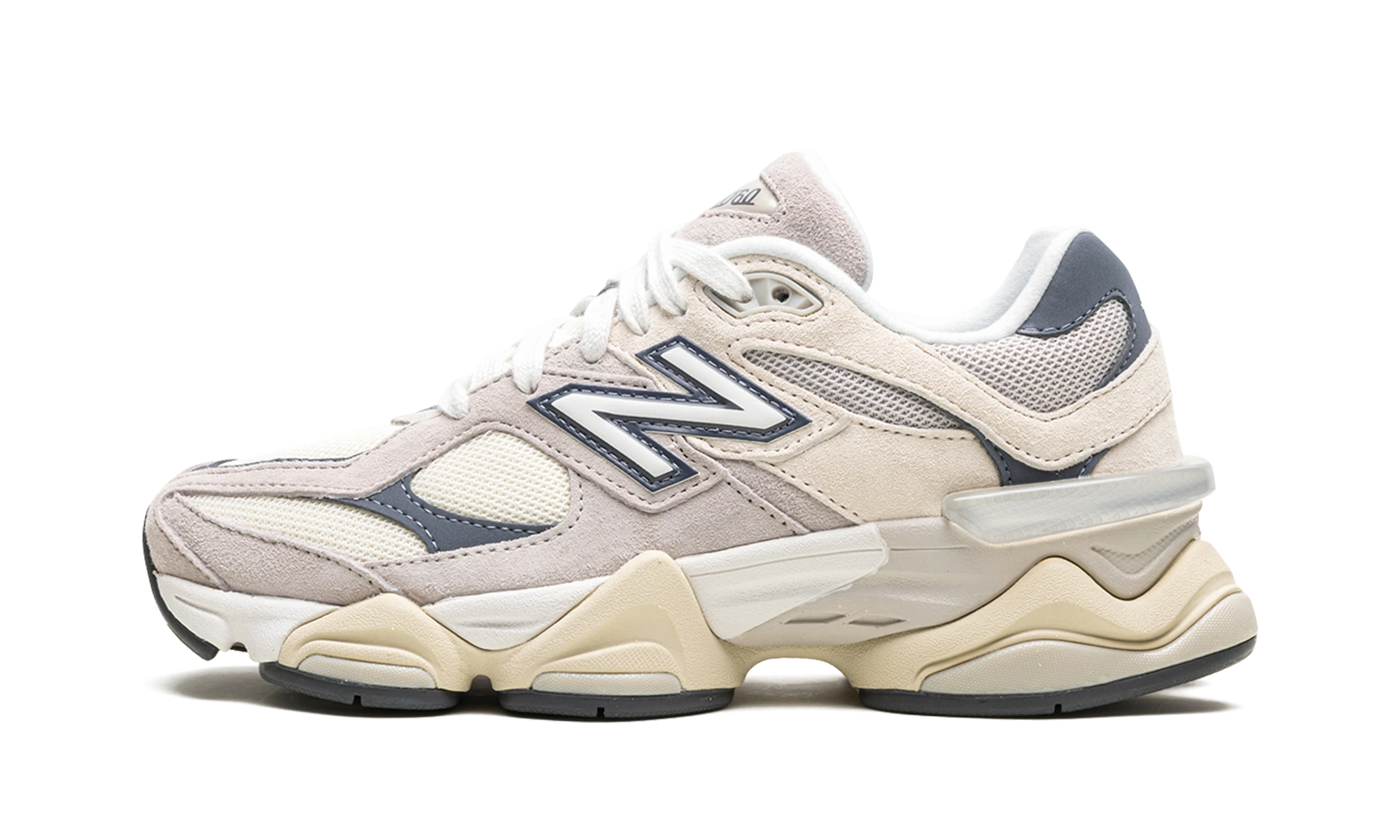 Sneaker New Balance 9060 Moonrock Linen (U9060EEB) in leer beige, zwart en grijs — zijaanzicht.