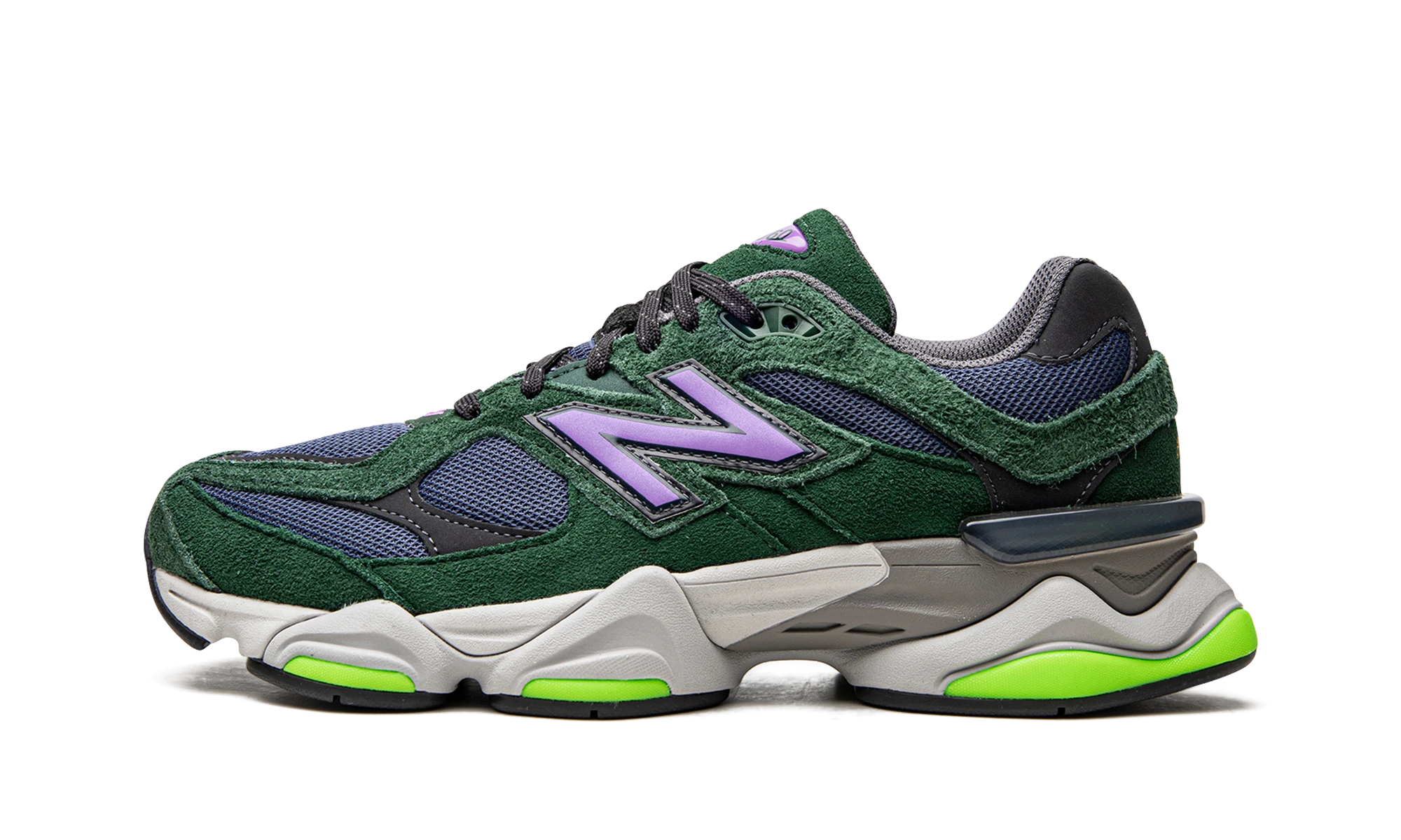 Sneaker New Balance 9060 Nightwatch (U9060GRE) in leer groen, blauw en paars — zijaanzicht.
