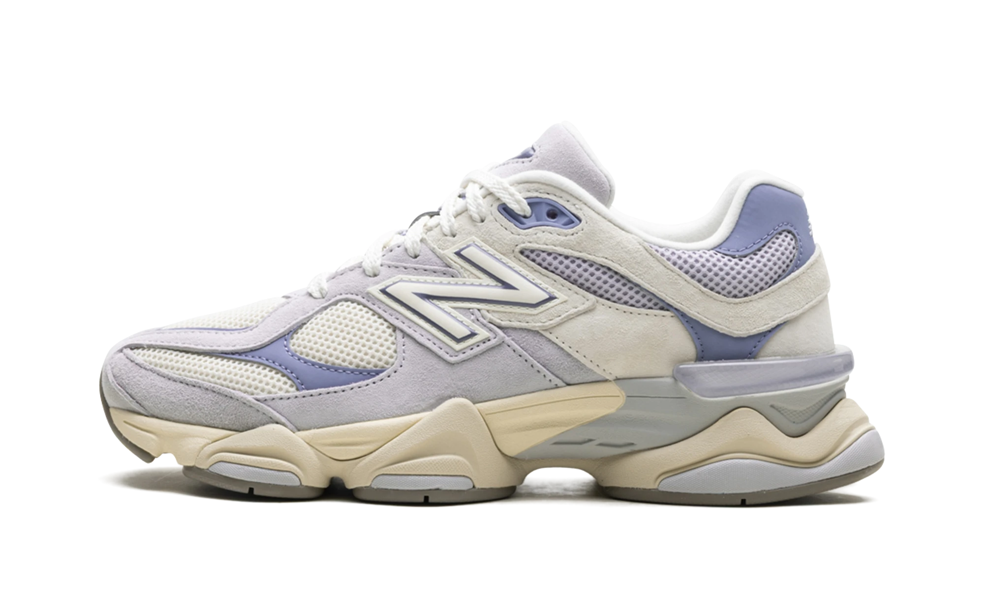 Sneaker New Balance 9060 Pearl Grey Linen (U9060EEL) in leer wit, grijs en beige — zijaanzicht.
