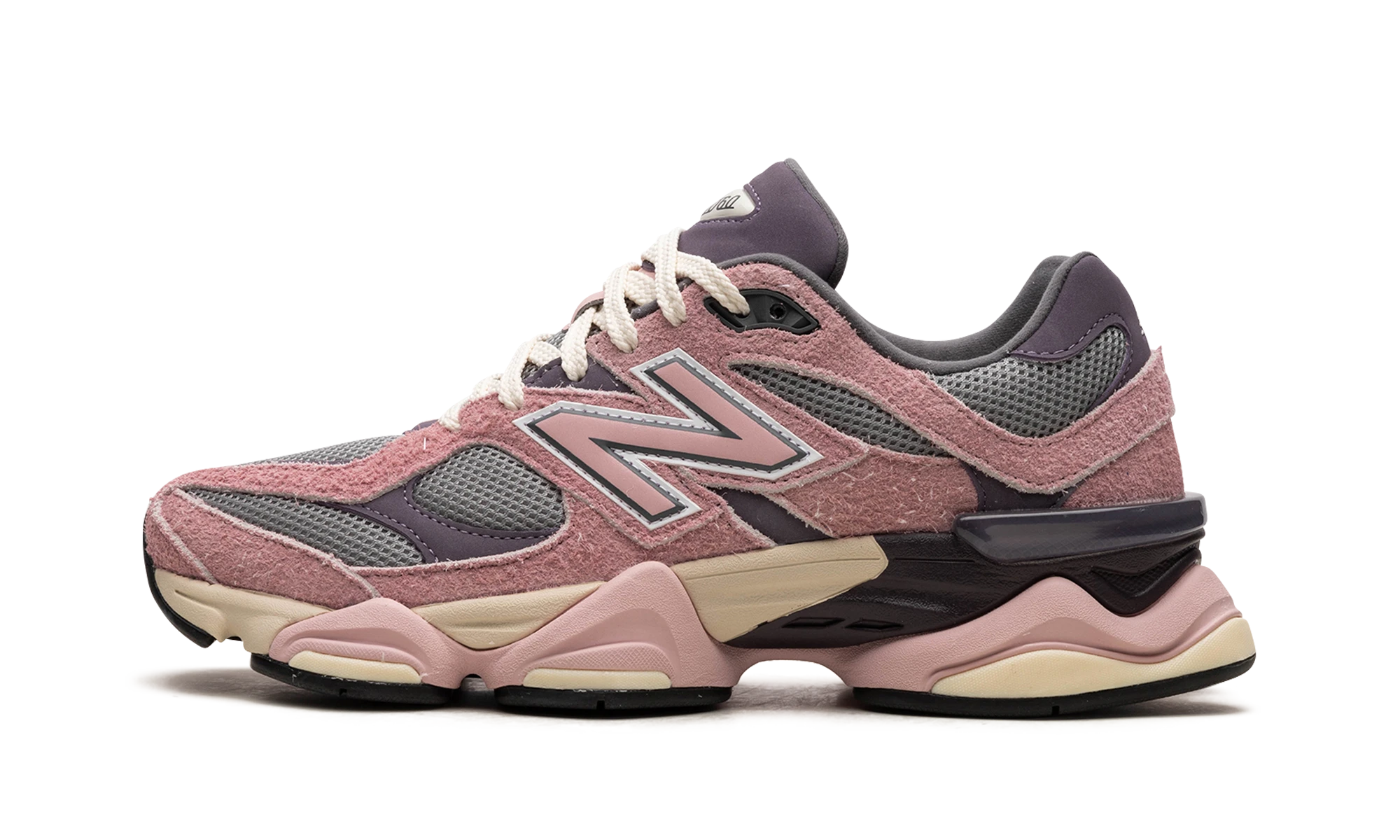 Sneaker New Balance 9060 Pink Lavender (U9060YSO) in leer roze, paars en grijs — zijaanzicht.