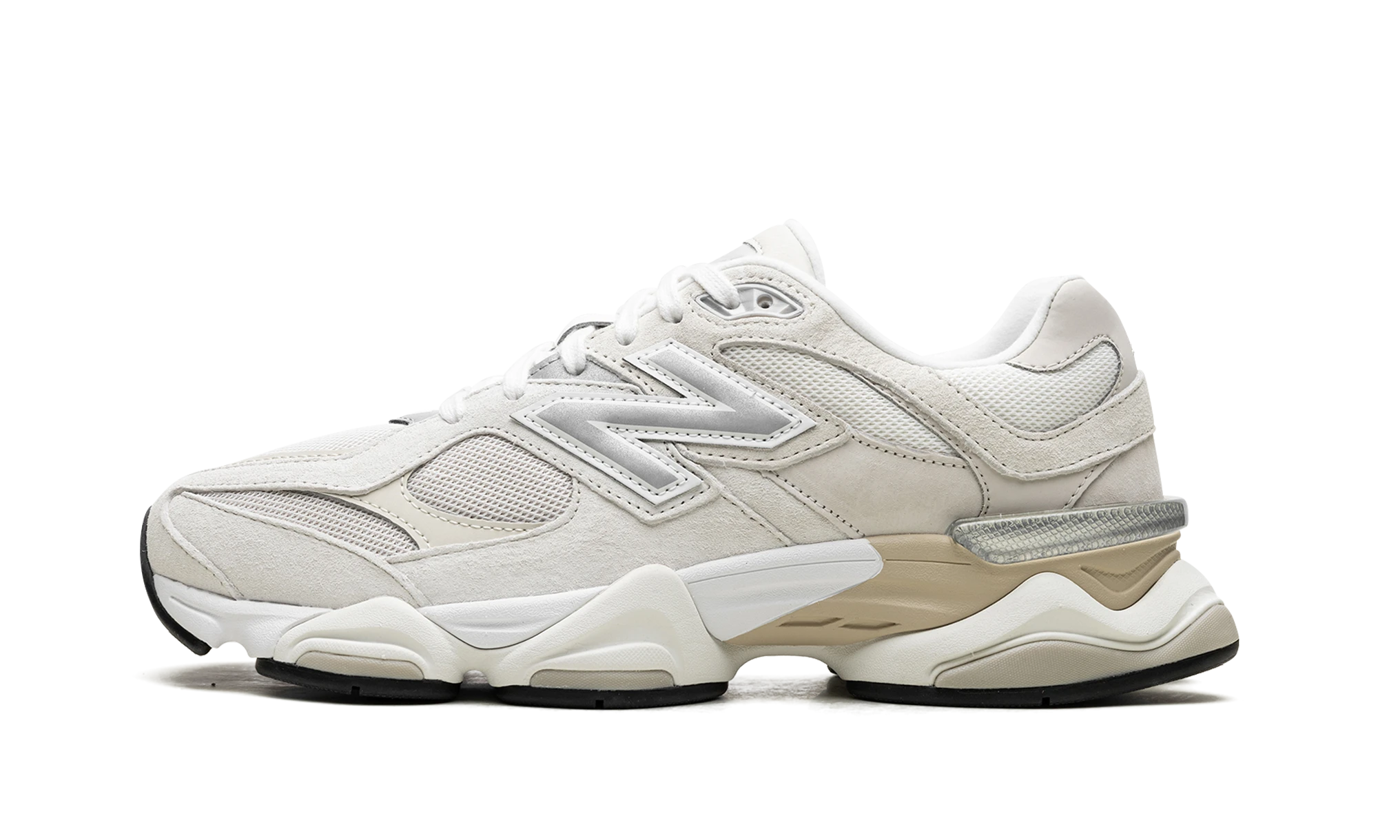 Sneaker New Balance 9060 Sea Salt Moonbeam (U9060WHT) in leer wit en zilver — zijaanzicht.