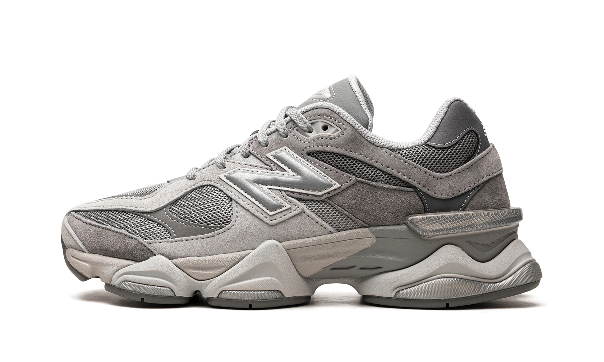 Sneaker New Balance 9060 Shadow Grey (U9060GG) in leer grijs en zilver — zijaanzicht.