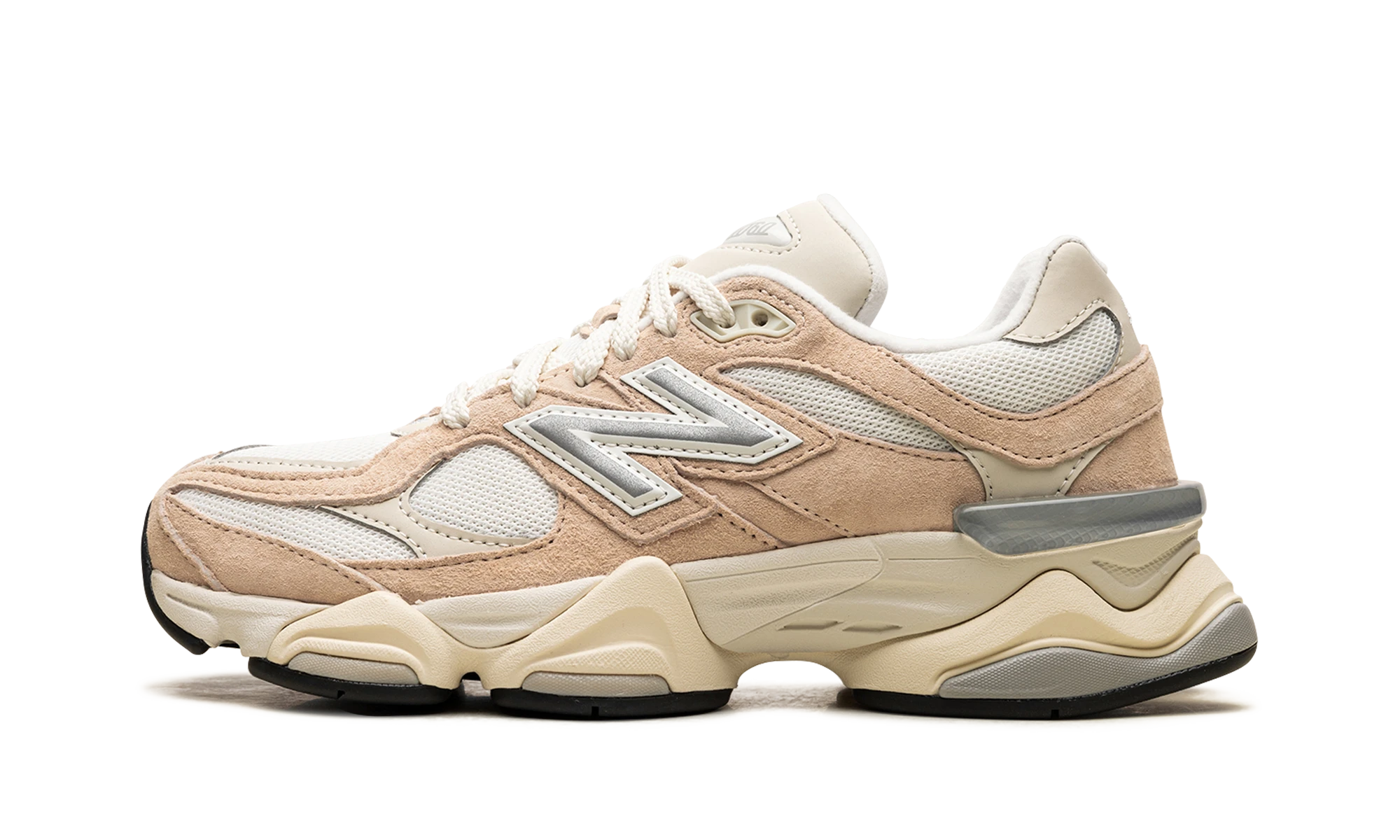 Sneaker New Balance 9060 Vintage Rose (U9060WNA) in leer roze, wit en zilver — zijaanzicht.