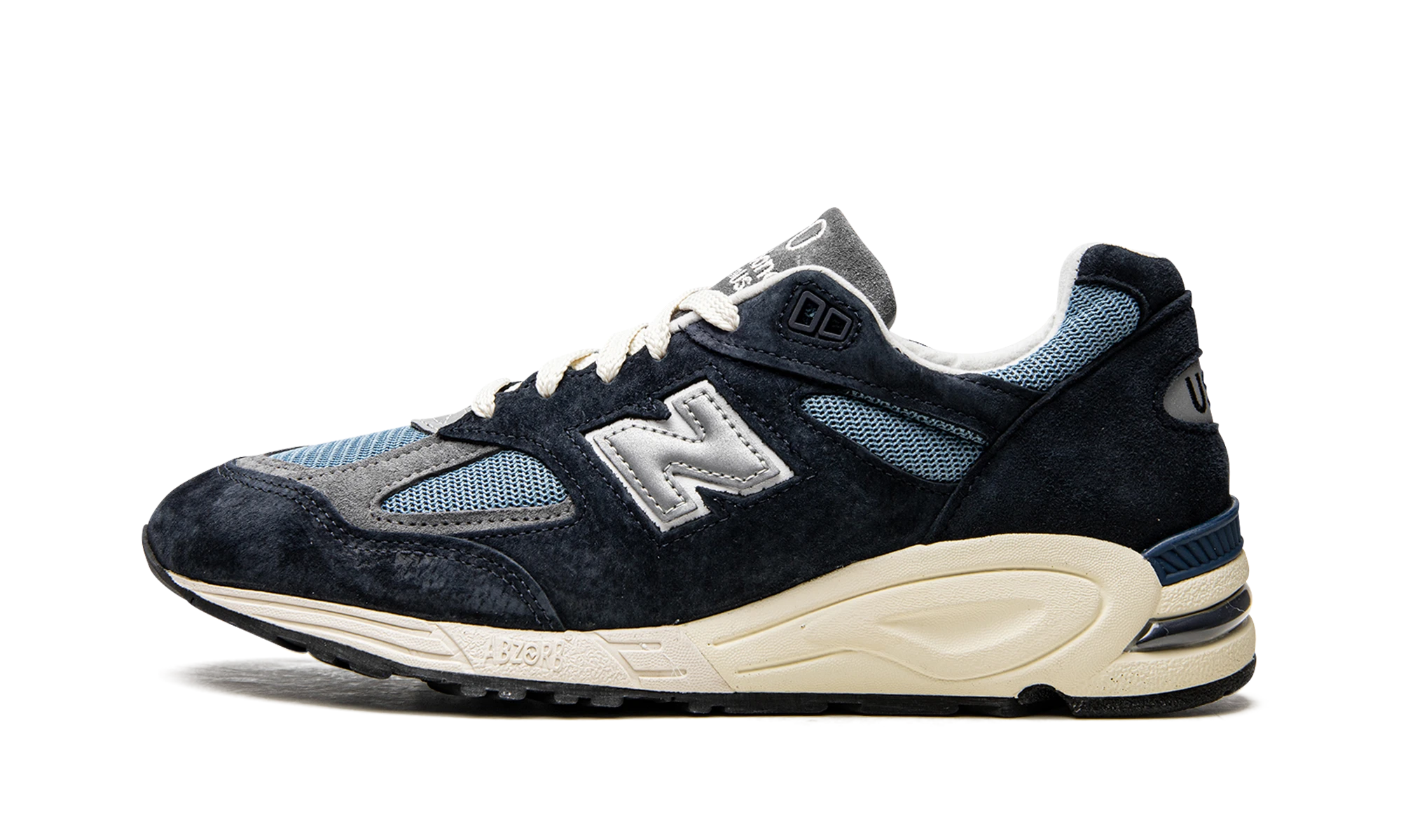 Sneaker New Balance 990v2 MiUSA Teddy Santis Navy Castlerock (M990TB2) in leather blue — outer profile view.