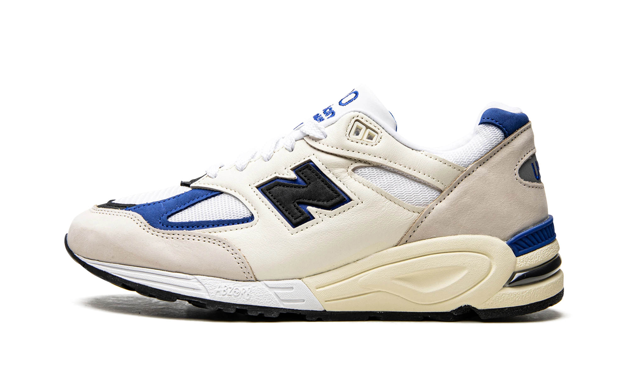 Sneaker New Balance 990v2 MiUSA White Blue (M990WB2) in leather white and blue — outer profile view.