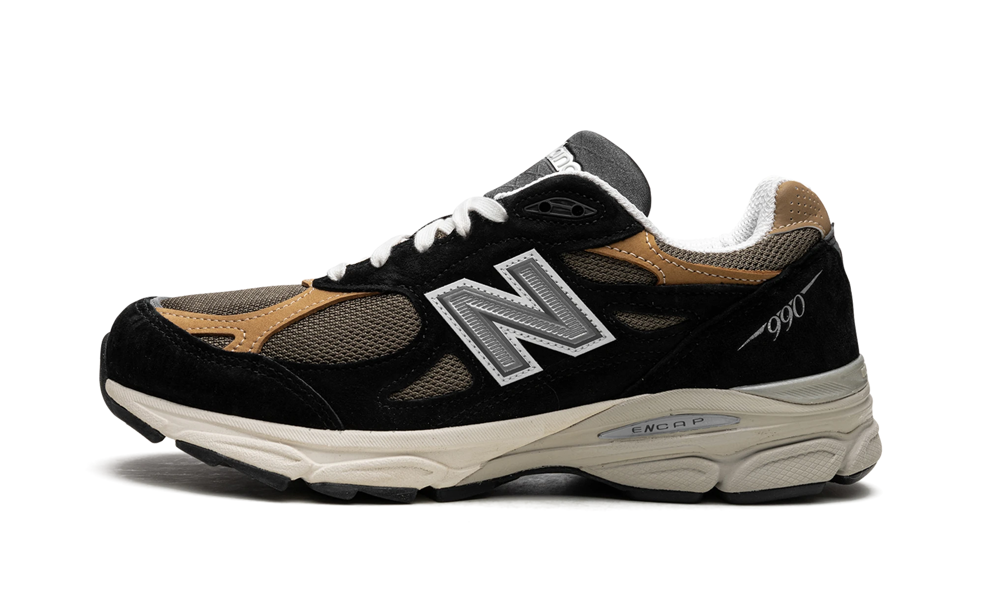 Sneaker New Balance 990v3 MiUSA Black Tan (M990BB3) in leather black and beige — outer profile view.