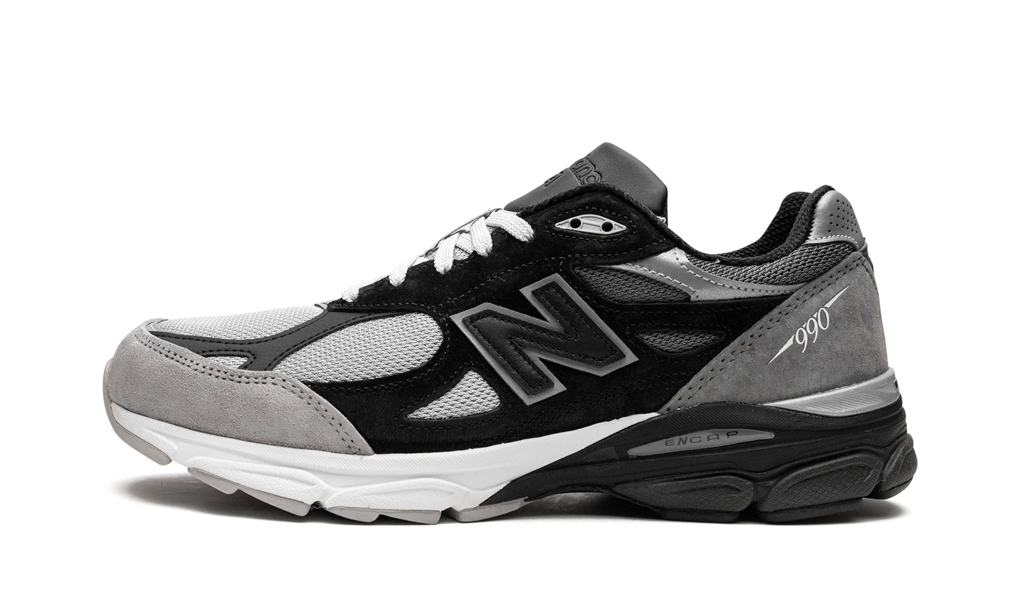 Sneaker New Balance 990v3 MiUSA DTLR GR3YSCALE (M990DL3) in leather black and grey — outer profile view.