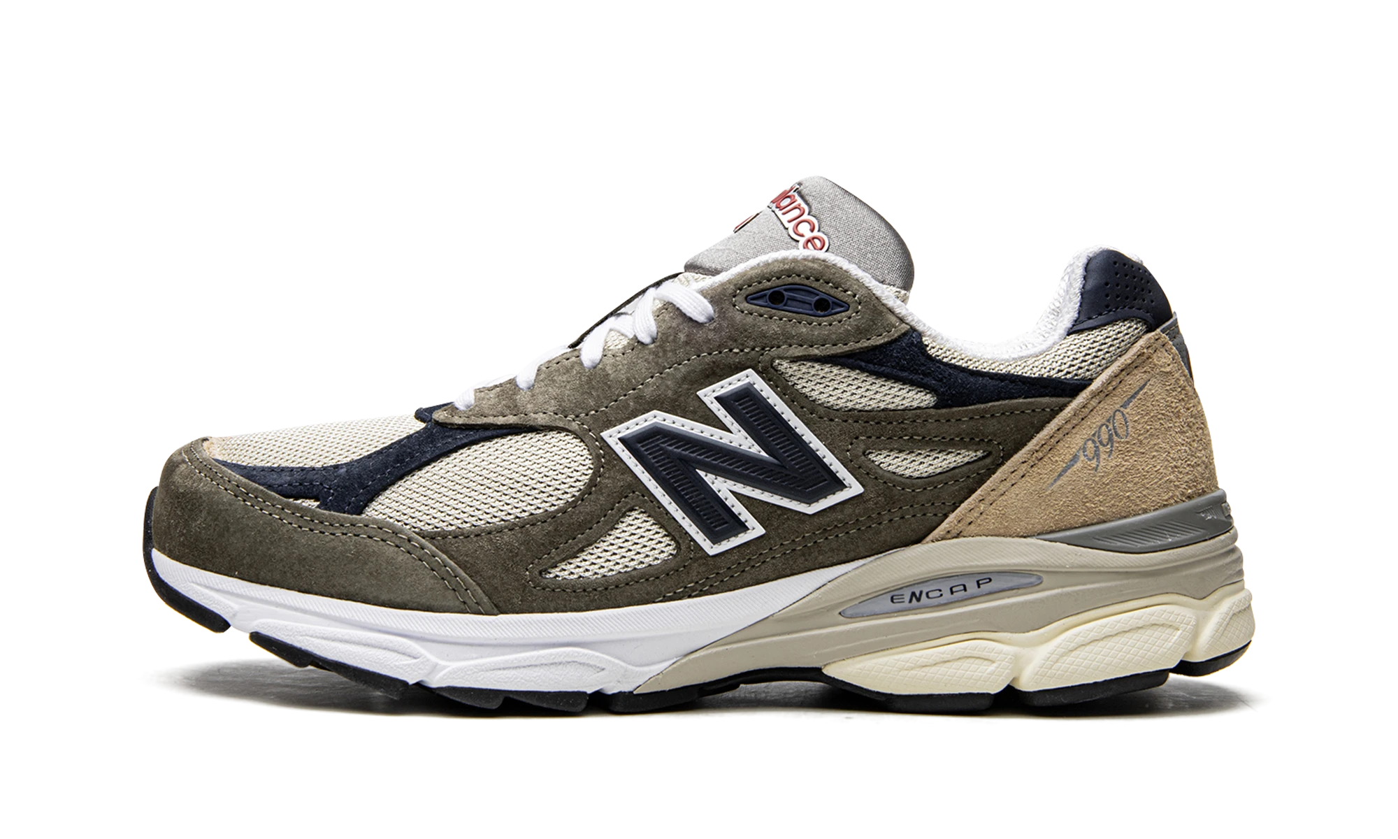 Sneaker New Balance 990v3 MiUSA Grey Blue Olive (M990TO3) in leather grey, blue and green — outer profile view.