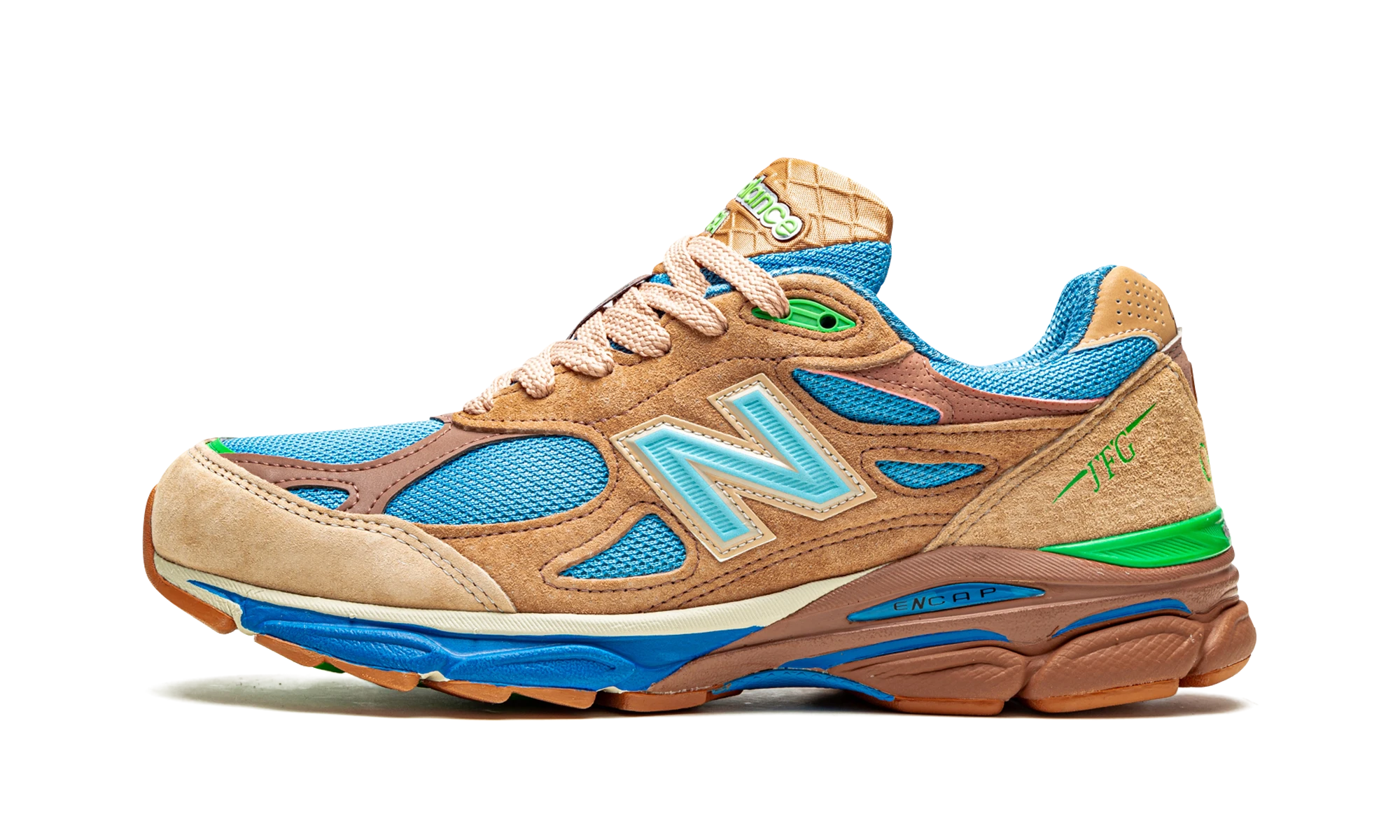 Αθλητικό παπούτσι New Balance 990v3 MiUSA Joe Freshgoods Outside Clothes (M990JG3) σε δέρμα ροζ και μπλε — εξωτερική πλαϊνή άποψη.