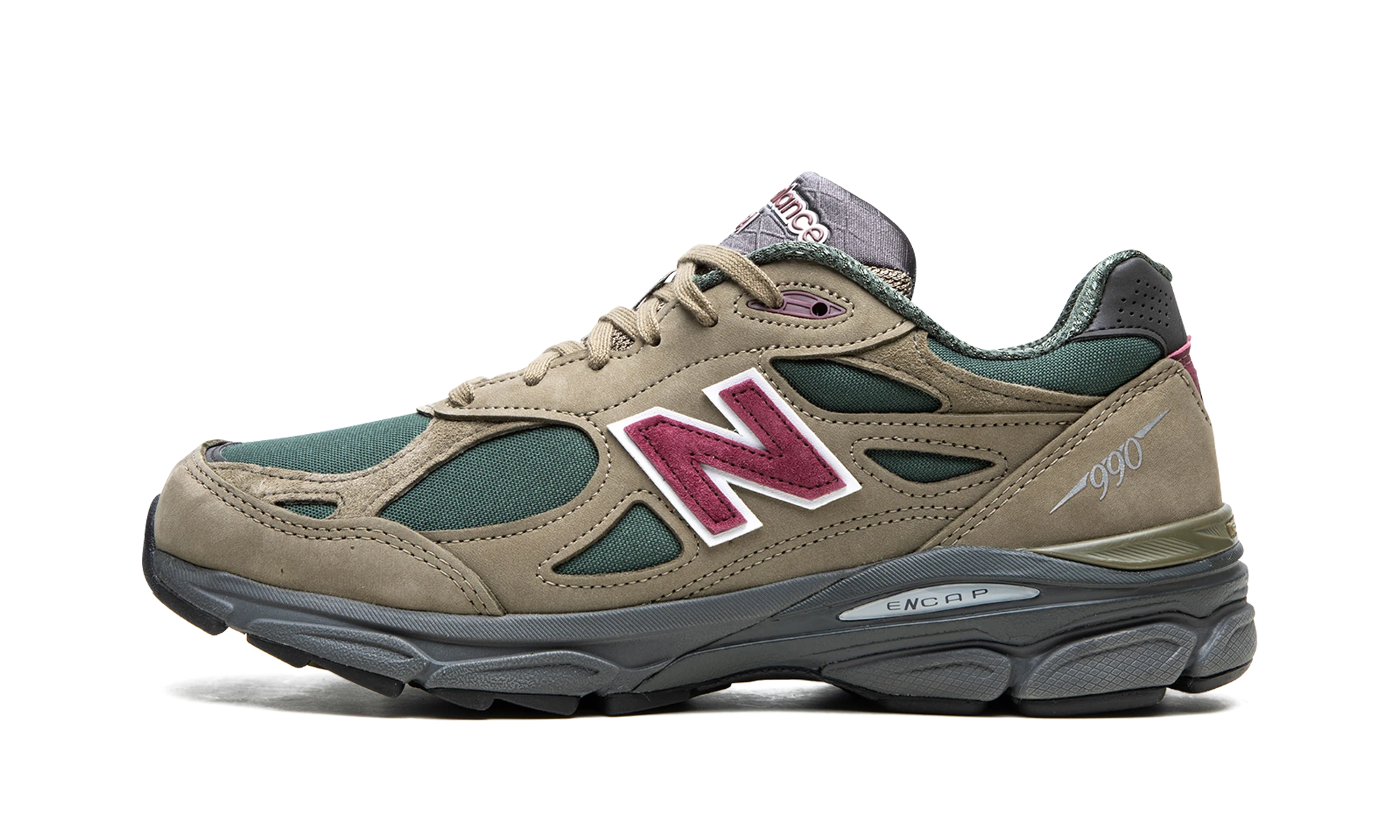 Sneaker New Balance 990v3 MiUSA Teddy Santis Green Purple (M990GP3) in leather green and purple — outer profile view.