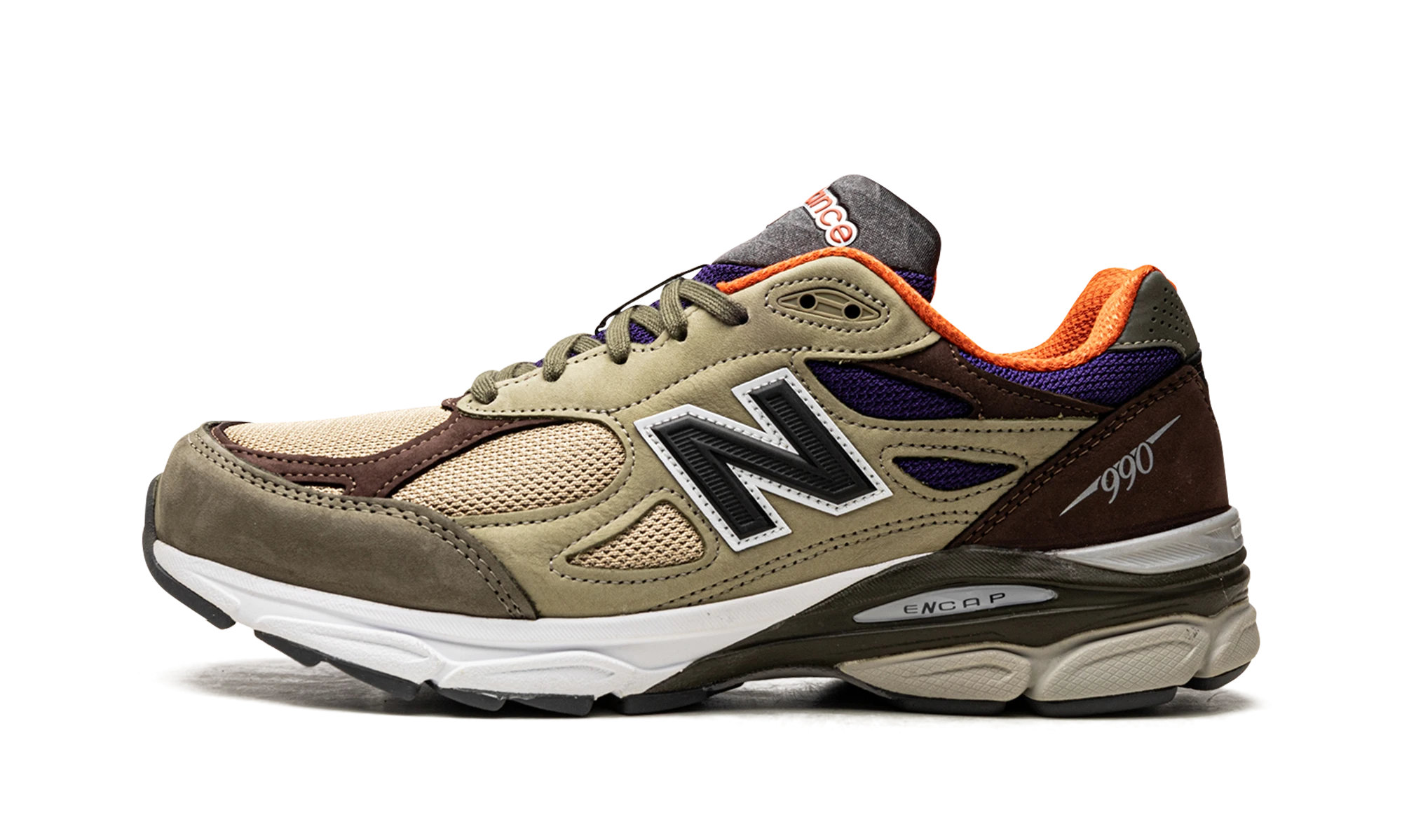 Tenisica New Balance 990v3 MiUSA Teddy Santis Khaki Orange (M990BT3) od koža bež, plavi i narančasti — pogled s vanjske strane.