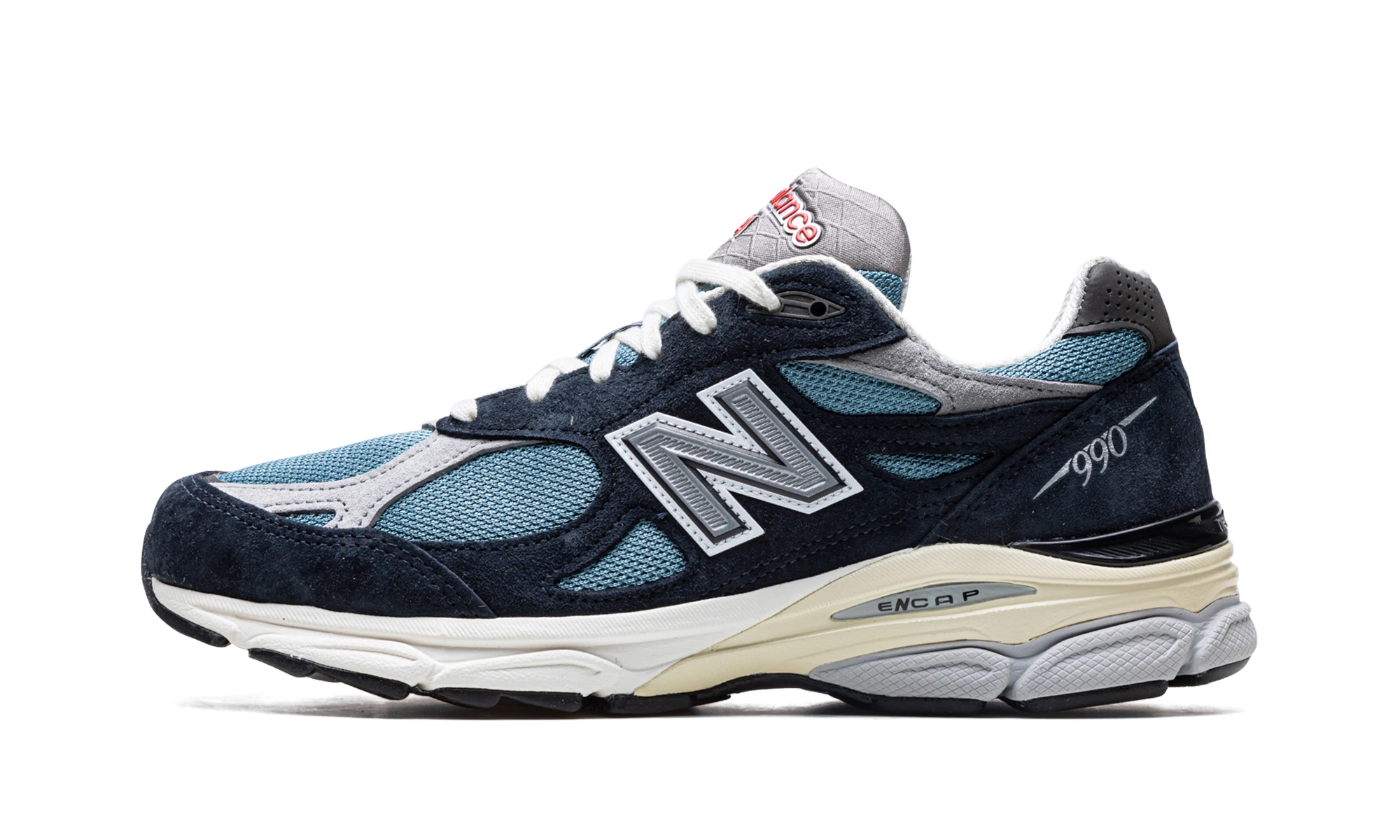 Sneaker New Balance 990v3 MiUSA Teddy Santis Navy Castlerock (M990TE3) in leather blue — outer profile view.