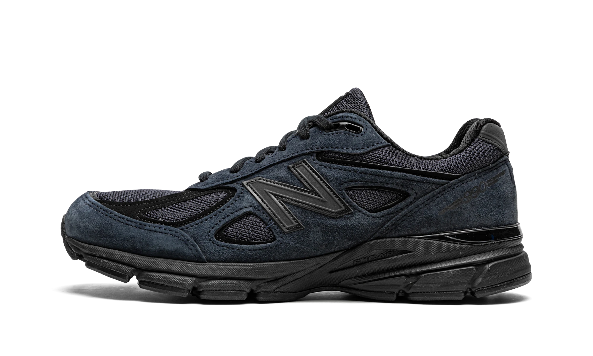 Sneaker New Balance 990v4 JJJJound Navy (M990JJ4) in leather blue and black — outer profile view.