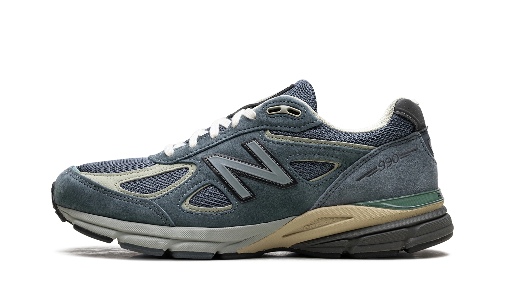 Sneaker New Balance 990v4 MiUSA Auralee Blue (U990AL4) in leather blue, white and beige — outer profile view.