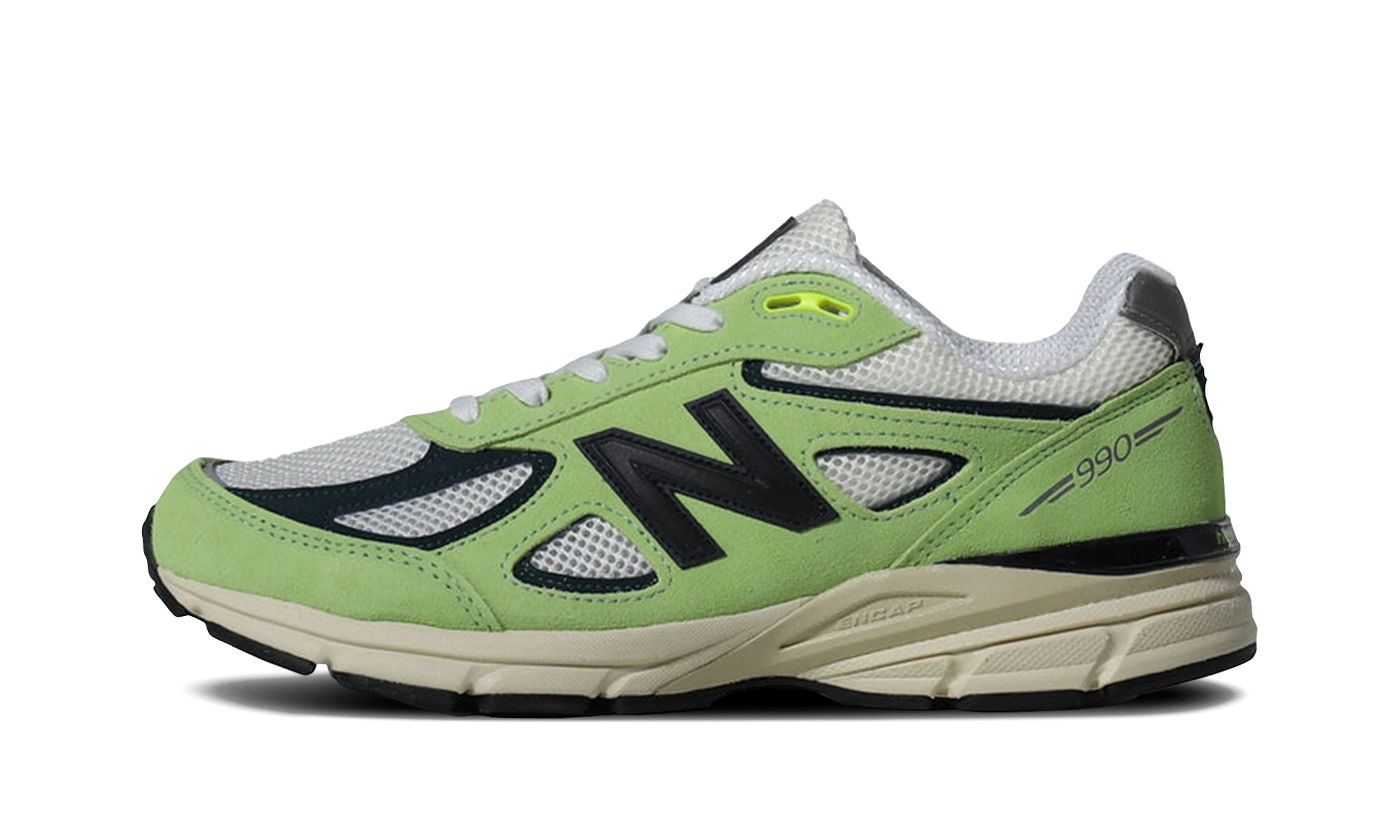 Sneaker New Balance 990v4 MiUSA Teddy Hi-Lite (U990NB4) in leather white — outer profile view.