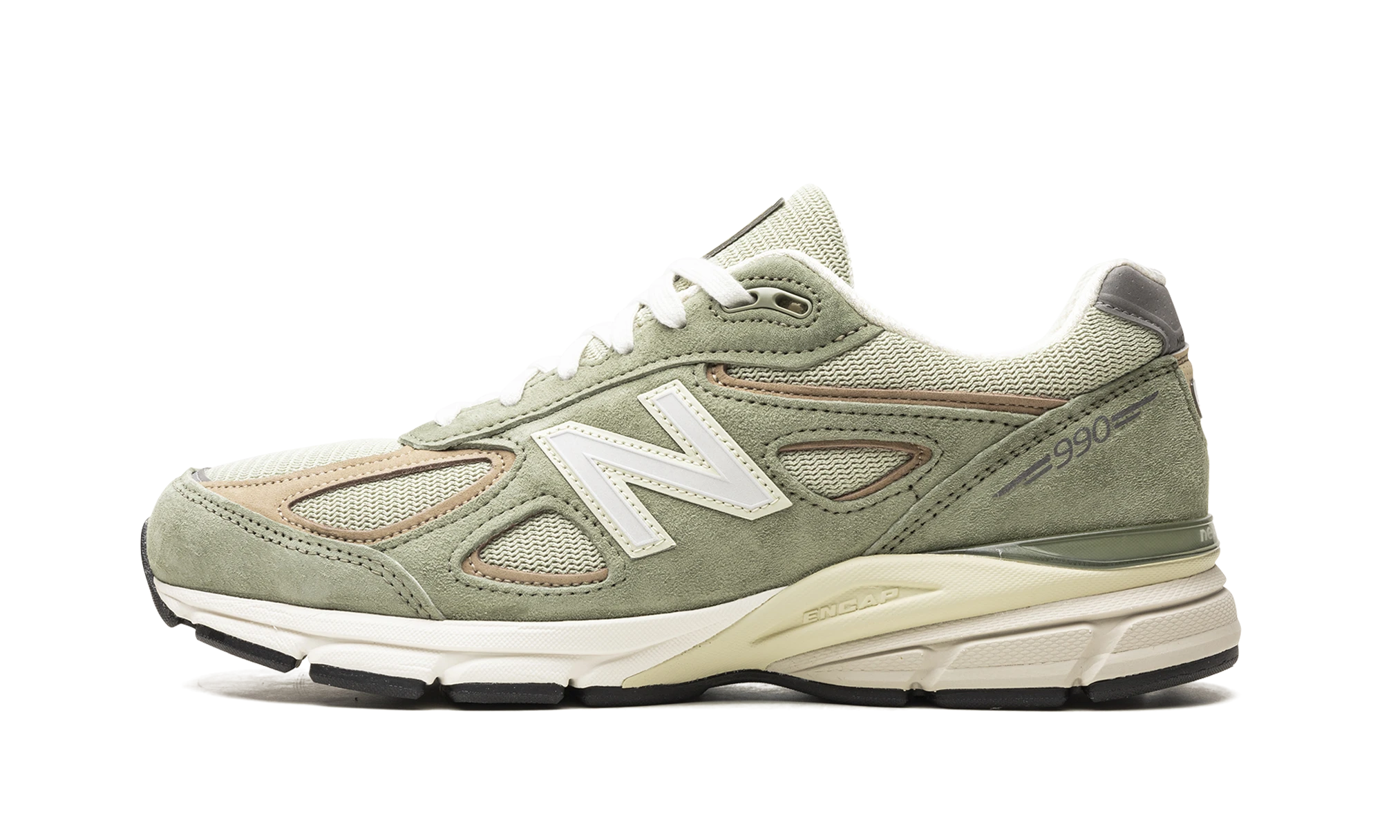 Sneaker New Balance 990v4 MiUSA Teddy Santis Olive Incense (U990GT4) in leather green — outer profile view.
