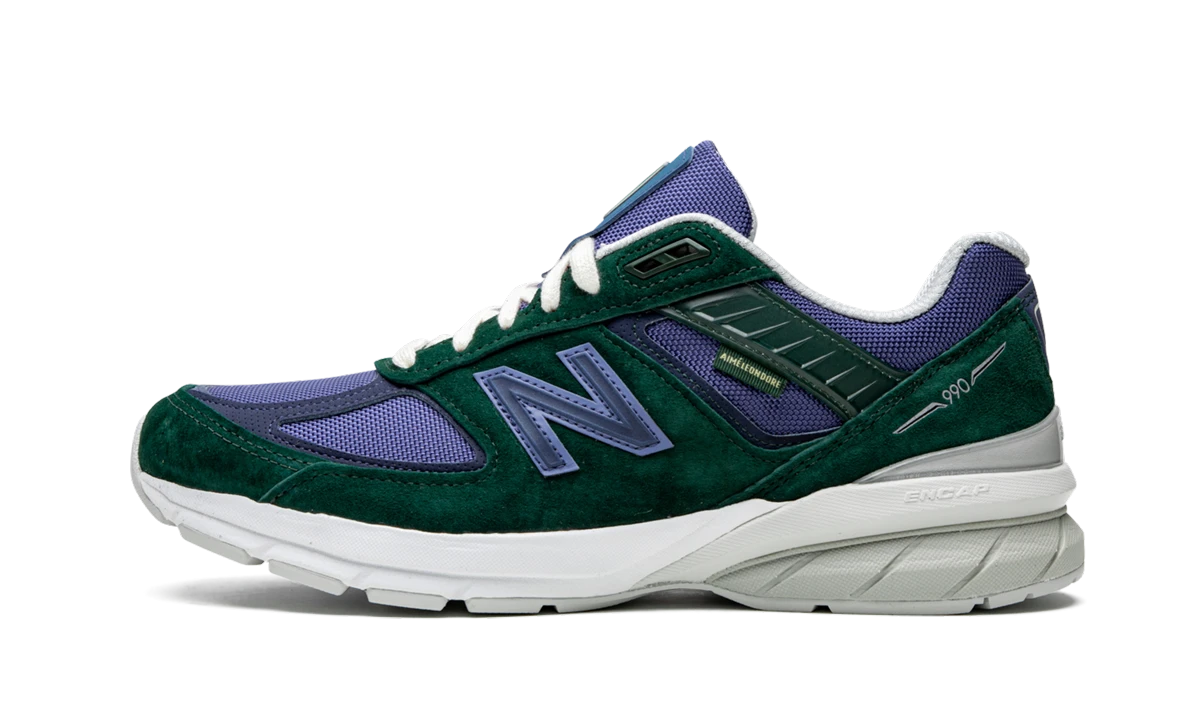 Sneaker New Balance 990v5 Aime Leon Dore Life in the Balance (M990AL5) in leather green and blue — outer profile view.