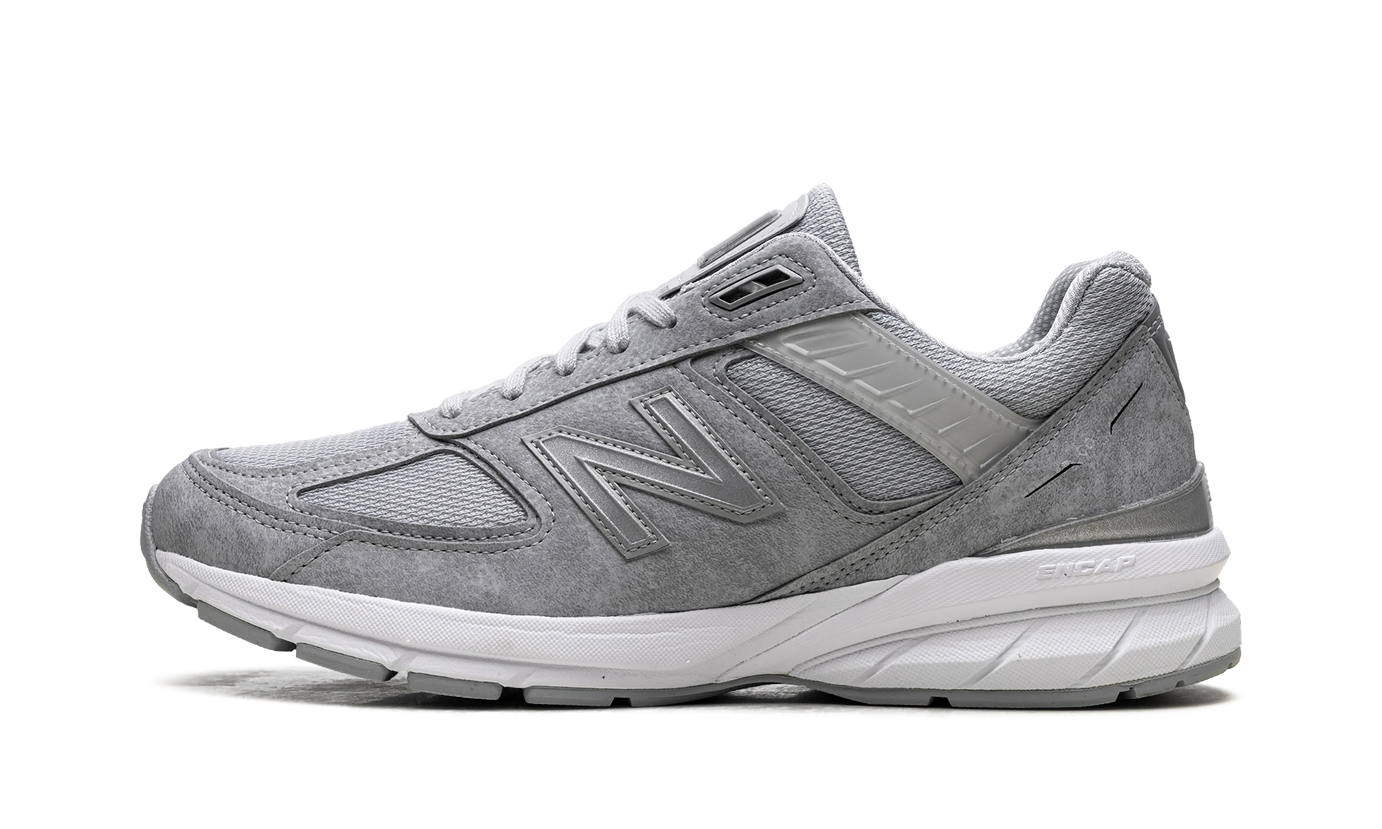 Sneaker New Balance 990v5 Grey White (M990JS5) in leather grey and white — outer profile view.