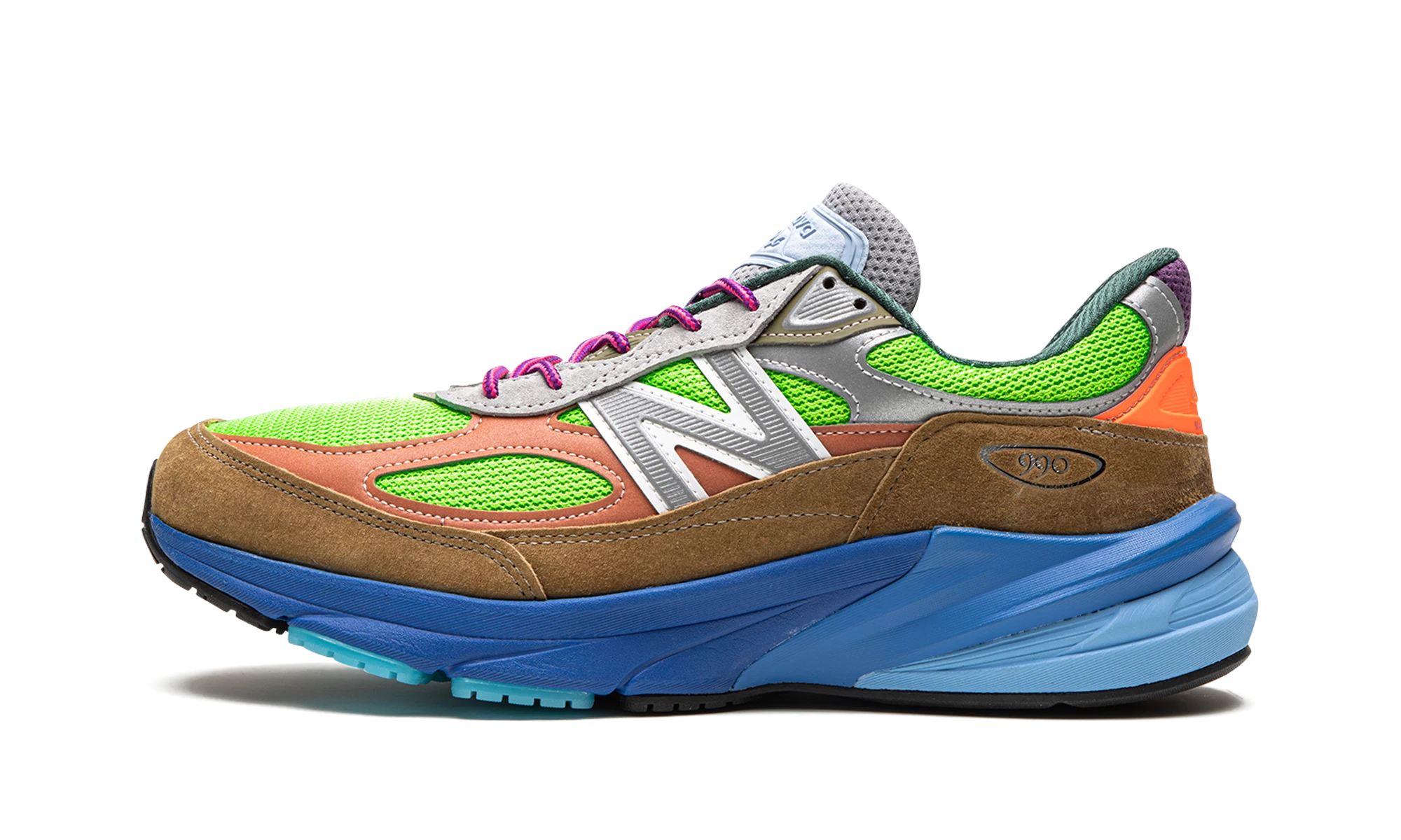 Sneaker New Balance 990v6 MiUSA Action Bronson Baklava (M990AB6) in leer groen en blauw — zijaanzicht.