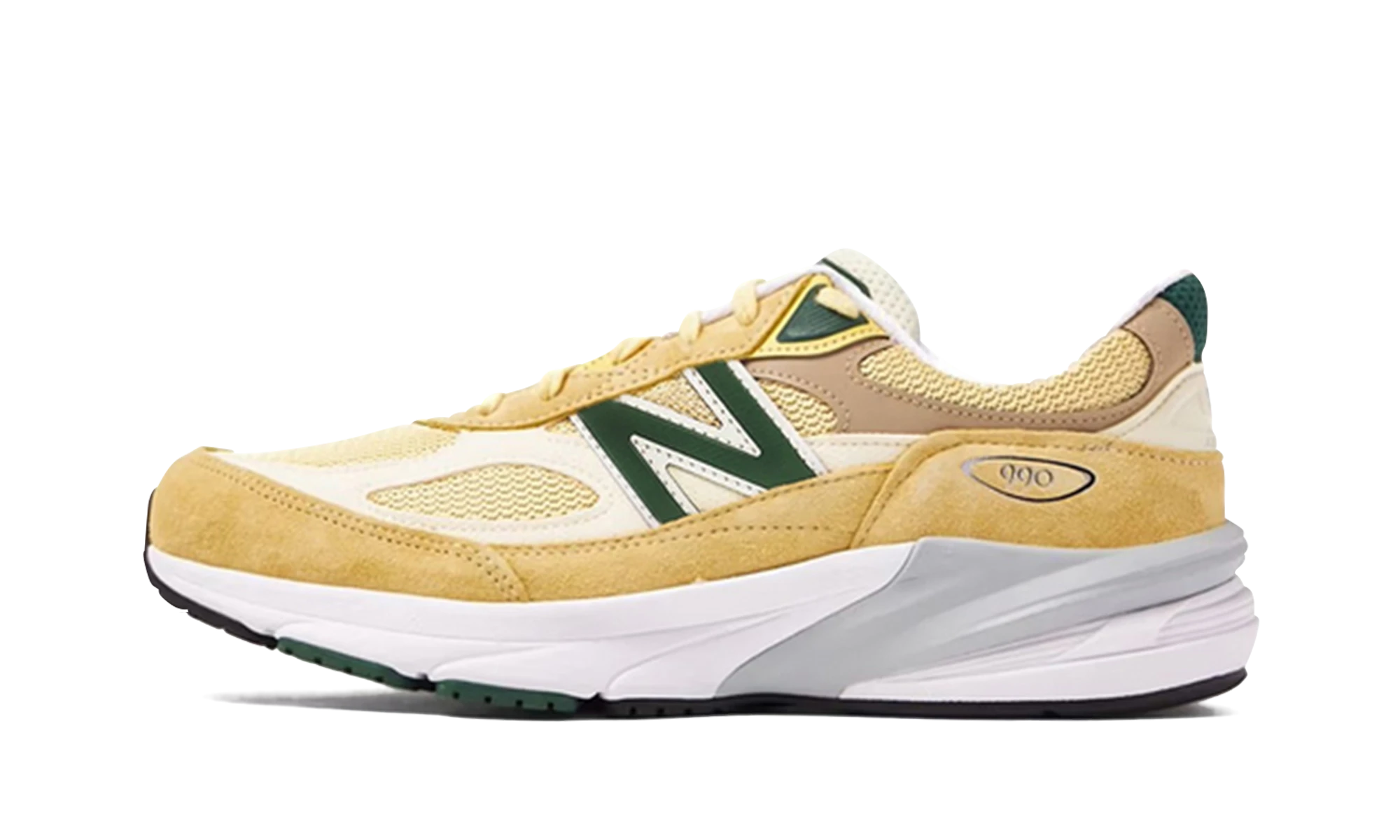 Sneaker New Balance 990v6 MiUSA Sulphur Green (U990TE6) in leather green — outer profile view.