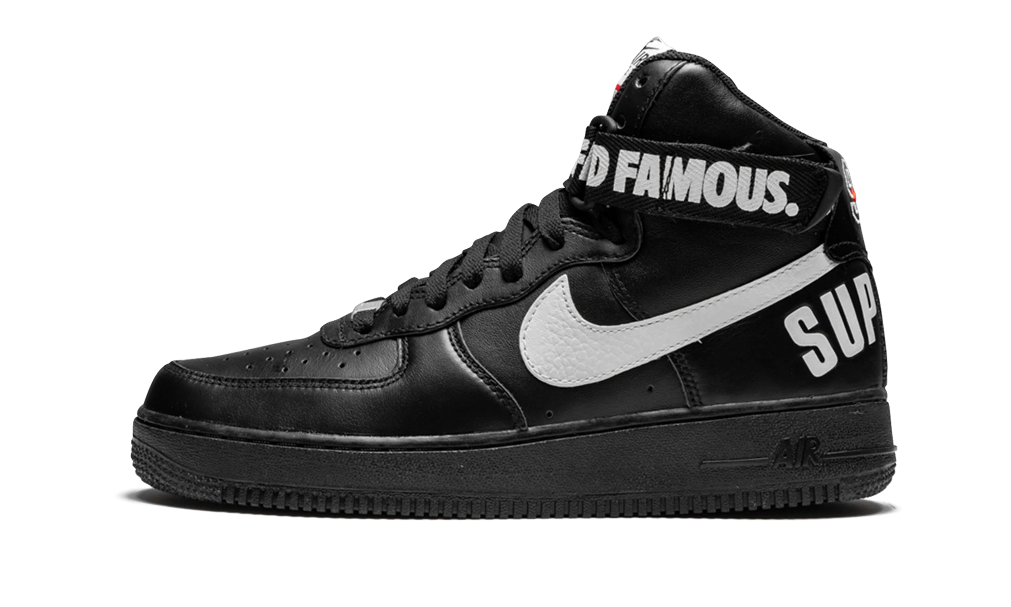 Sneaker Nike Air Force 1 High Supreme World Famous Black in leather black and white, available in Europe — outer profile view.