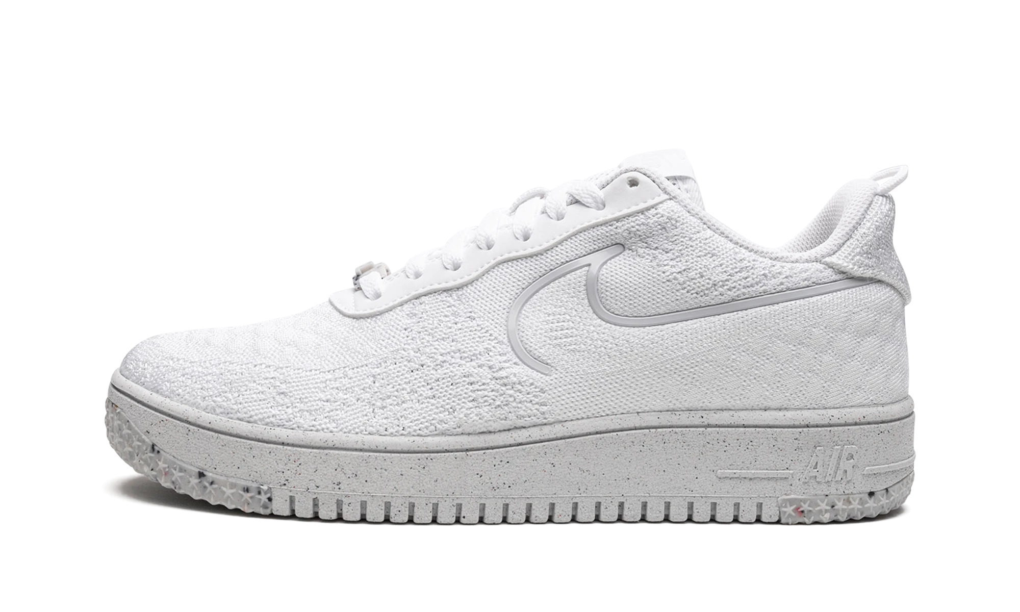 Sneaker Nike Air Force 1 Low Crater Flyknit White Platinum Tint in maille white, available in Europe — outer profile view.