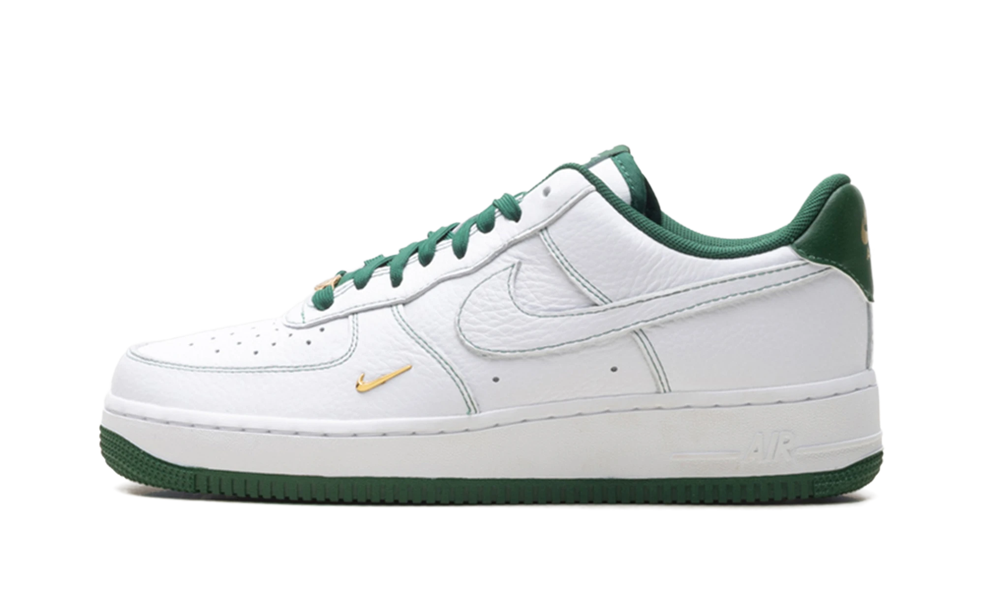Sneaker Nike Air Force 1 Low Mini Jewel White Gorge Green (IB6543-102) in leather white, gold and green — outer profile view.