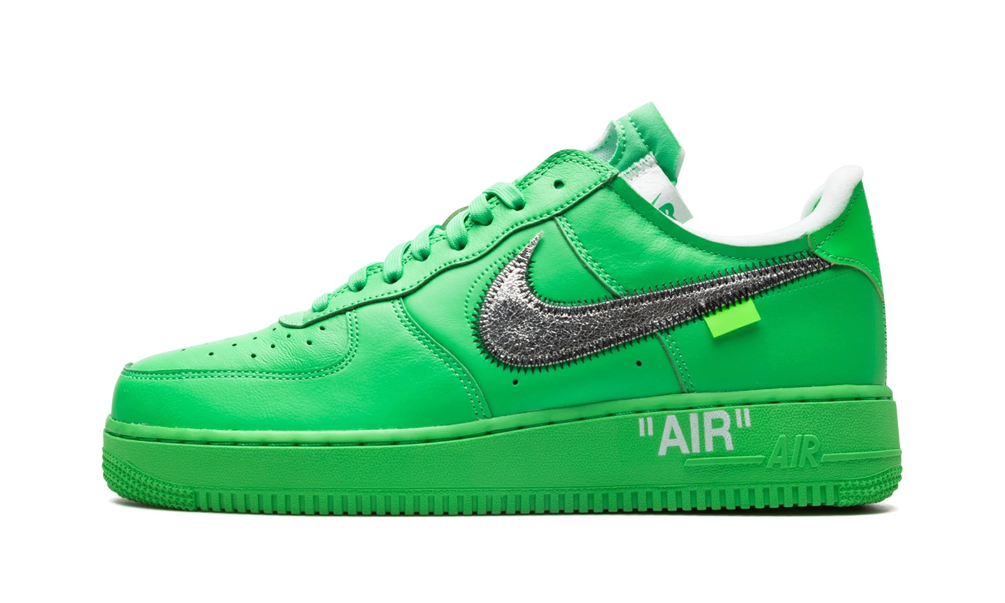 Sneaker Nike Air Force 1 Low Off-White Brooklyn in leather green and silver, available in Europe — outer profile view.