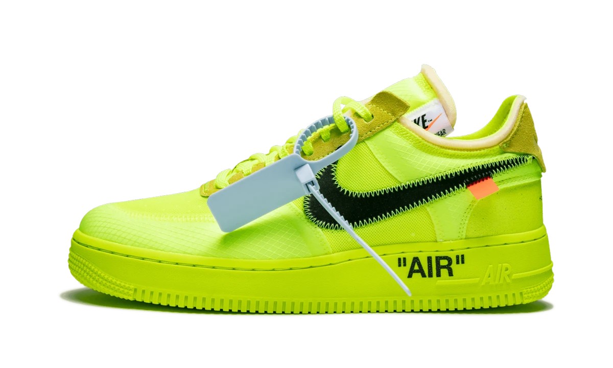 Sneaker Nike Air Force 1 Low Off-White Volt (AO4606-700) in leather yellow, black and white — outer profile view.