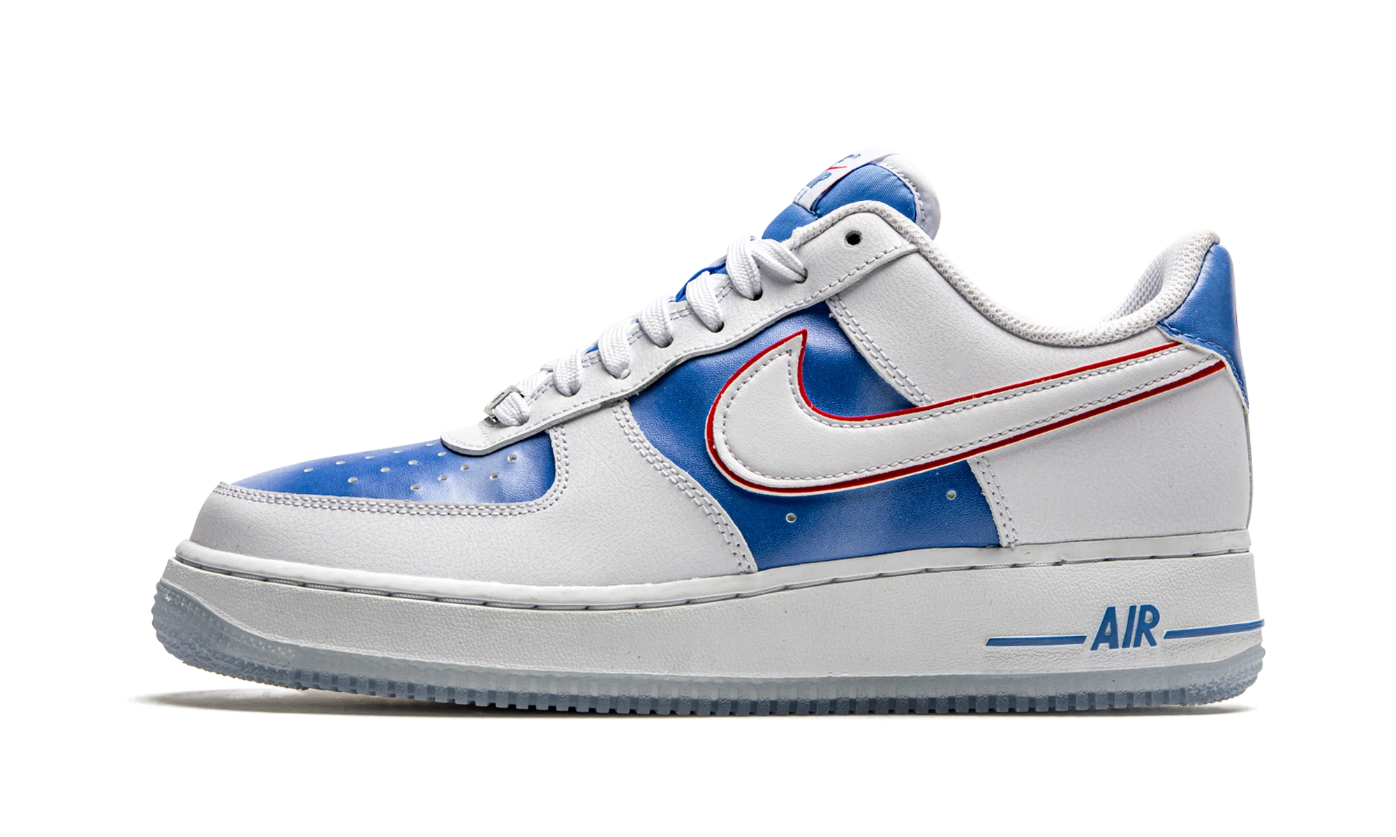 Sneaker Nike Air Force 1 Low Pacific Blue in leather white, blue and silver, available in Europe — outer profile view.