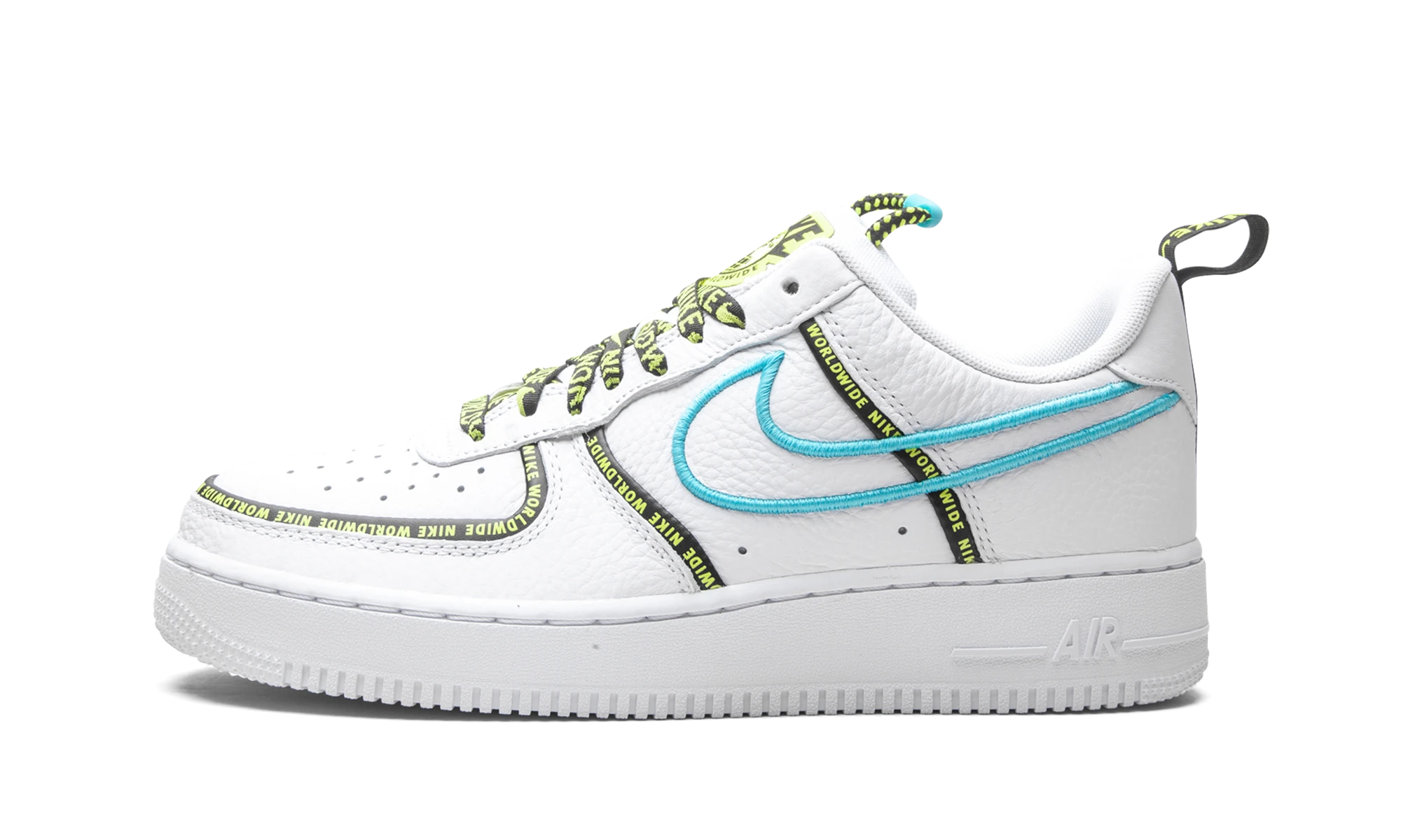 Sneaker Nike Air Force 1 Low Worldwide White Blue Fury Volt (CK7213-100) in leather — outer profile view.