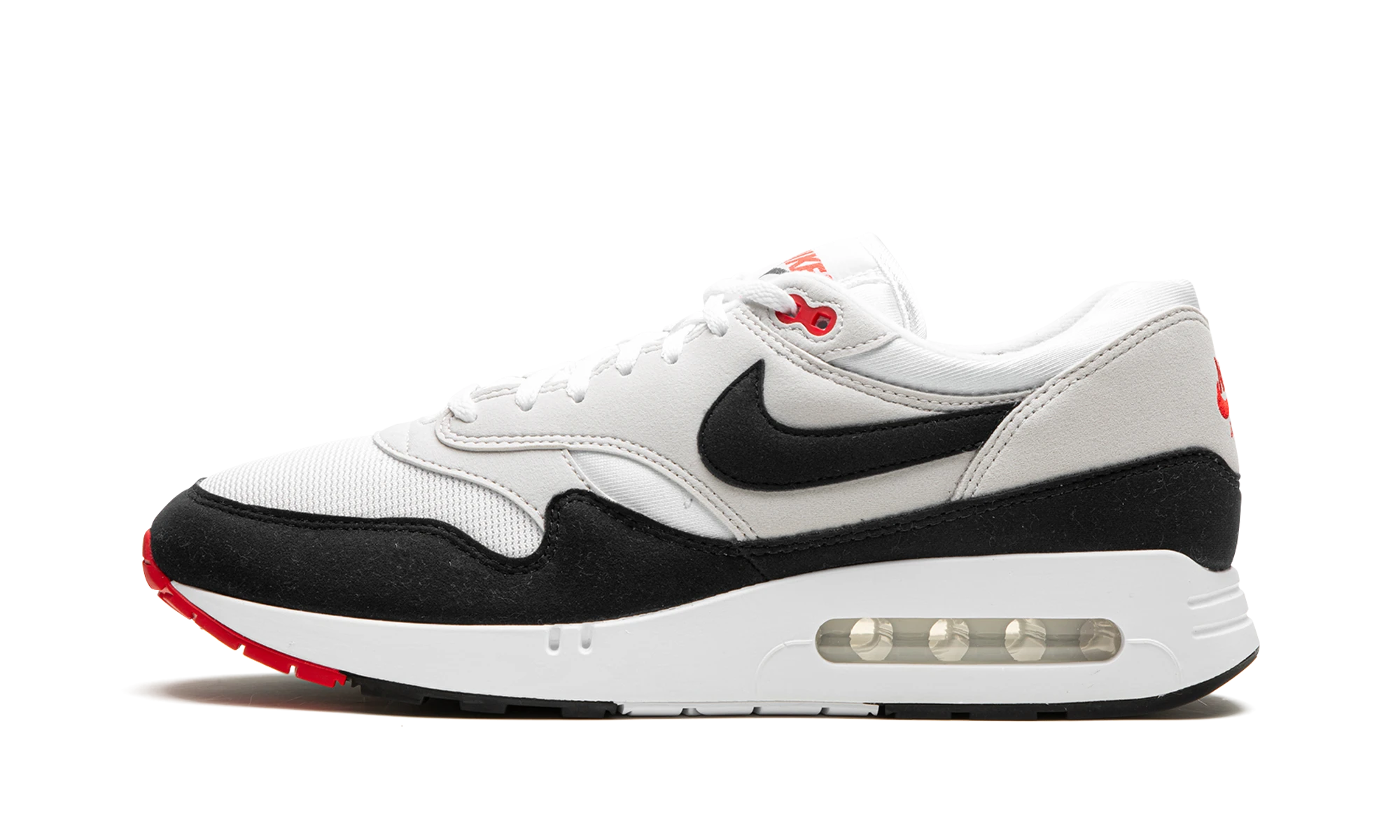 Sneaker Nike Air Max 1 '86 Big Bubble Obsidian (DQ3989-101) in leather white, black and grey — outer profile view.