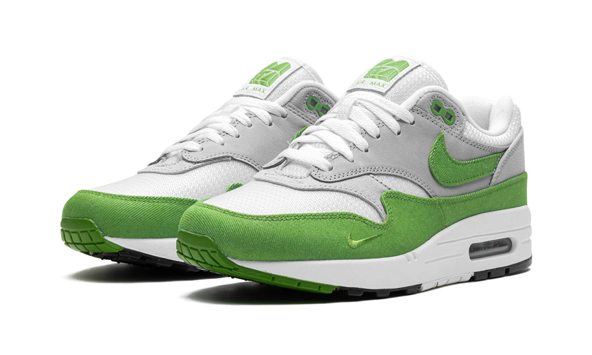 Basket Nike Air Max 1 Patta 20th Anniversary Chlorophyll en multicolore, disponible en France, Suisse, Belgique et Luxembourg — vue de profil latéral.