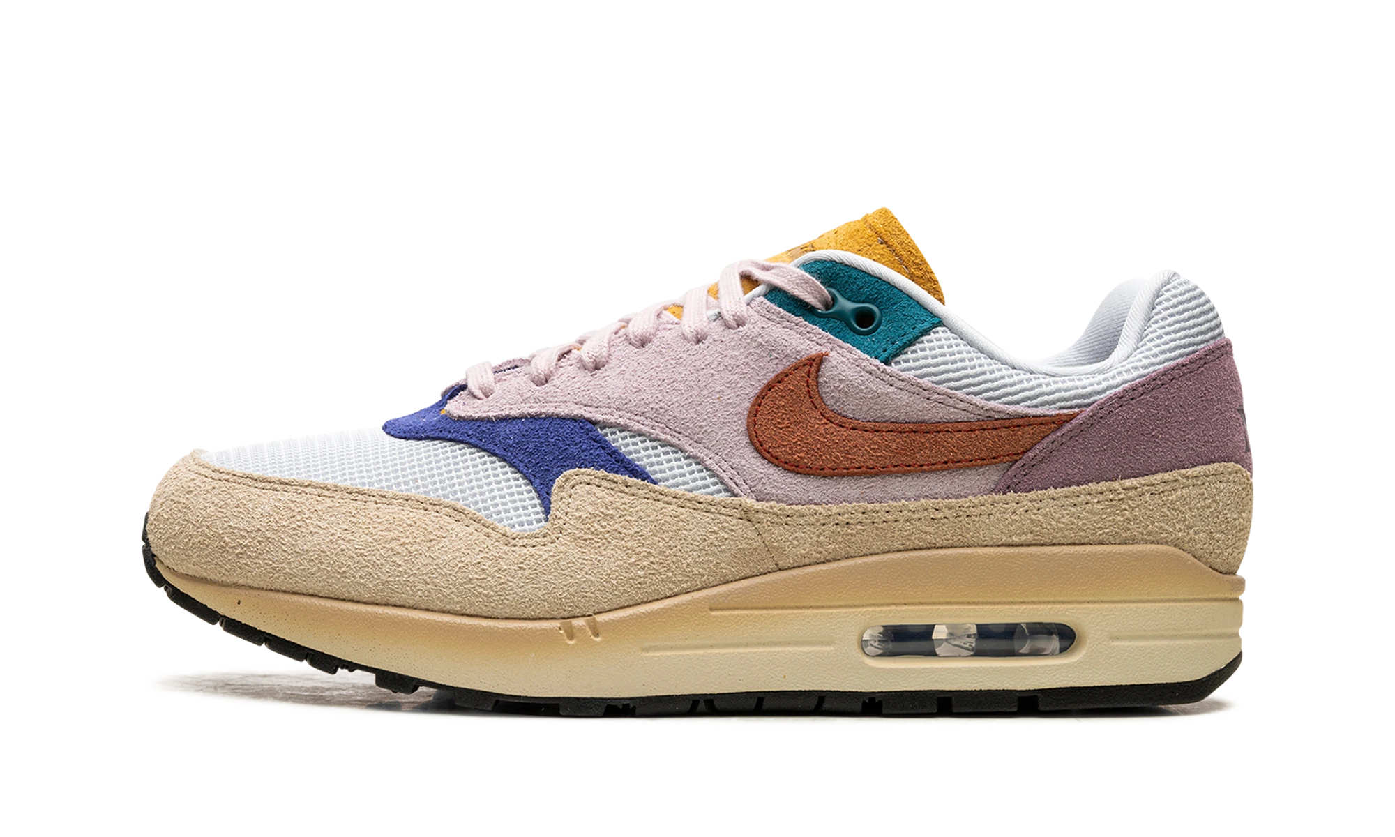 Sneaker Nike Air Max 1 Tan Lines (FN7200-224) i læder lilla, grå og blå — ydre profilvisning.