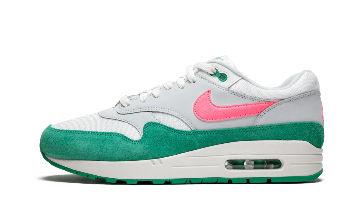 Sneaker Nike Air Max 1 Watermelon (AH8145-106) in leather white and green — outer profile view.