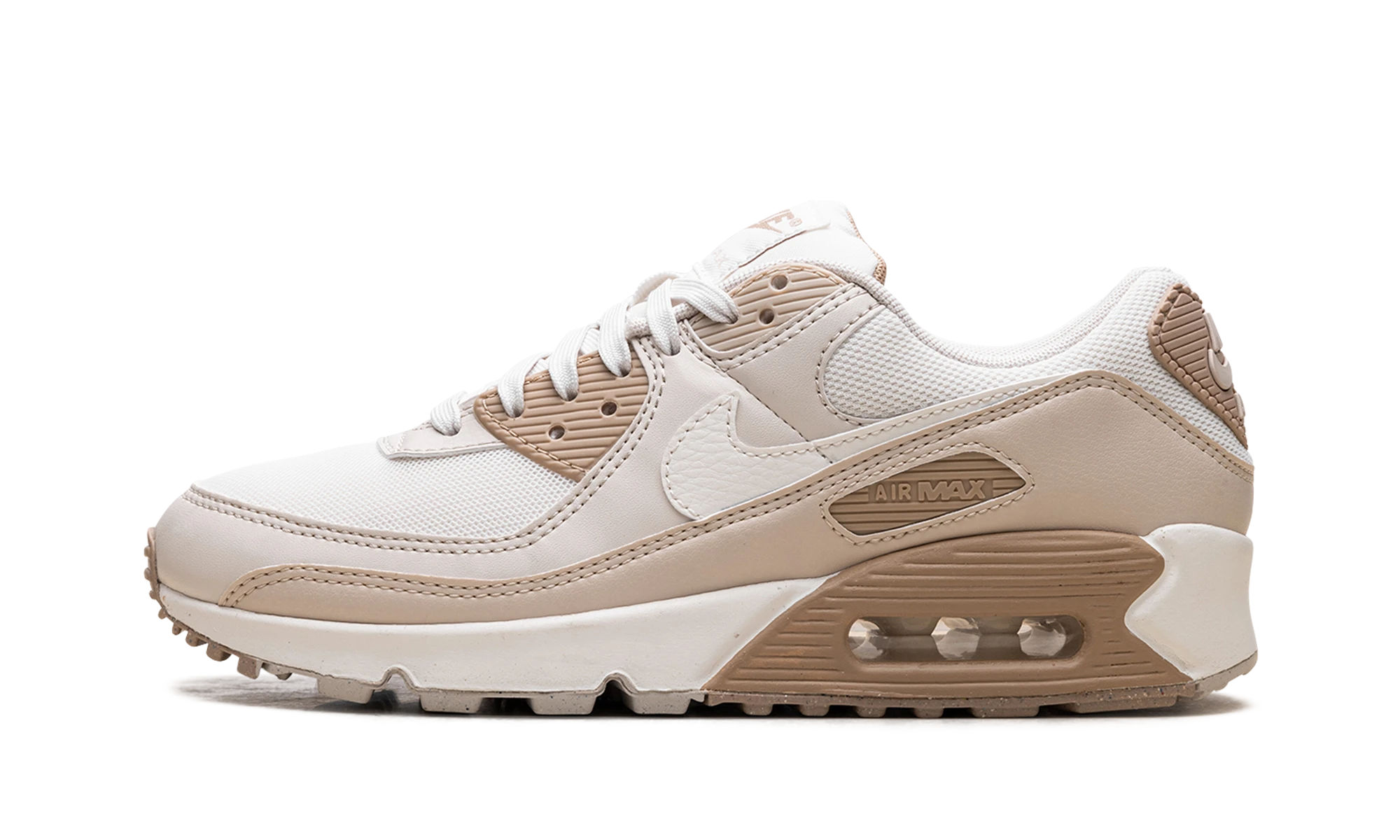 Sneaker Nike Air Max 90 Phantom Light Orewood Brown (DH8010-004) in leather black, brown and beige — outer profile view.