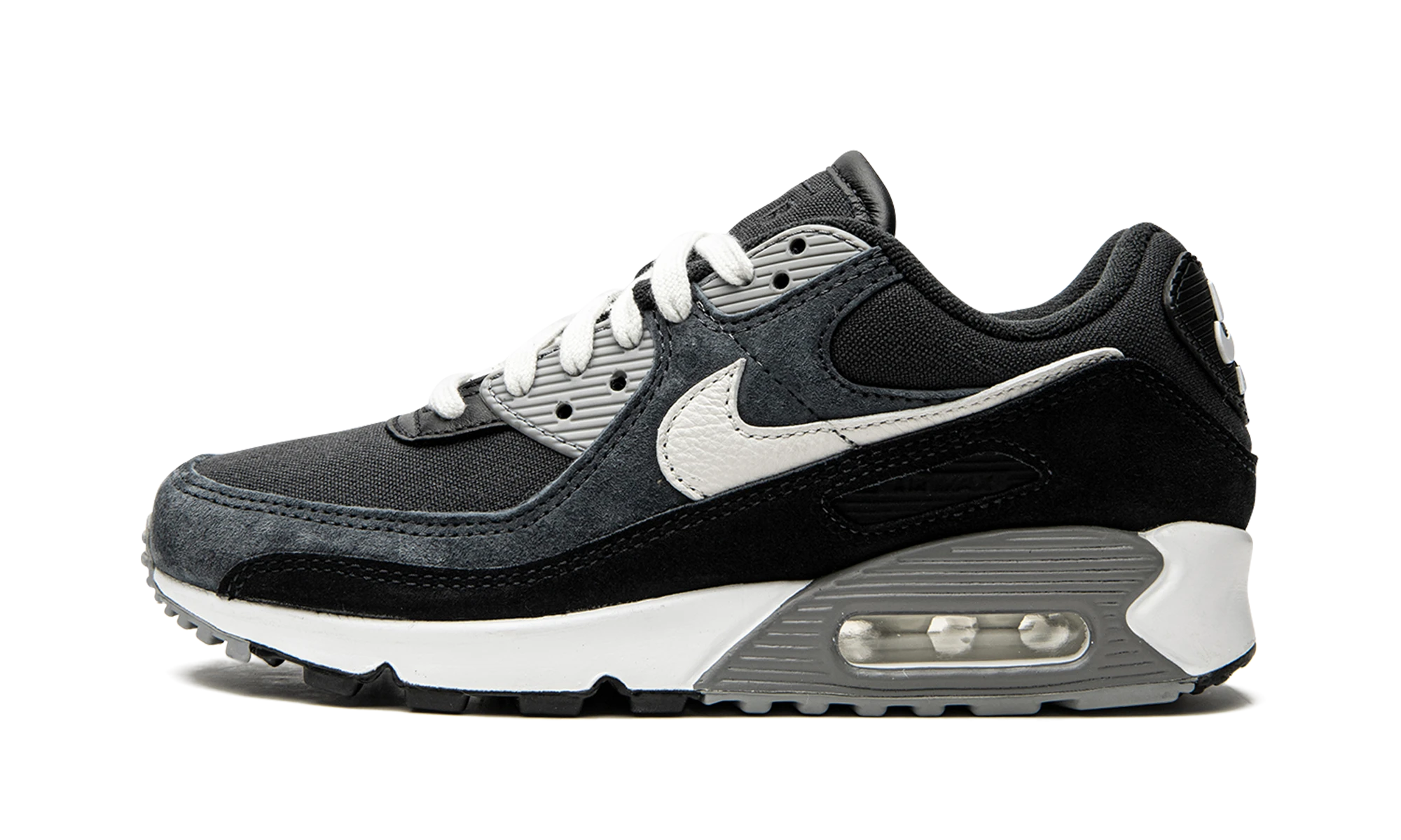 Sneaker Nike Air Max 90 Premium Off Noir (DA1641-003) in leather black, grey and white — outer profile view.