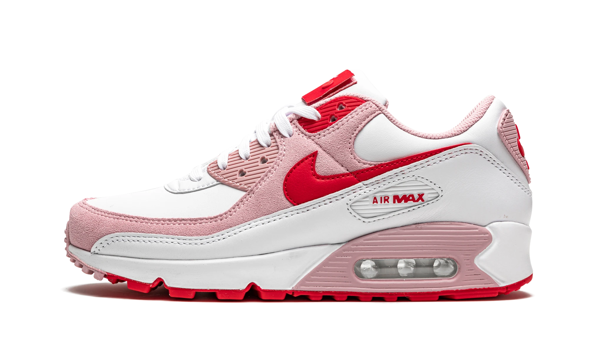 Sneaker Nike Air Max 90 Valentine's Day (DD8029-100) aus Leder weiß, rot und rosa — Außenprofilansicht.