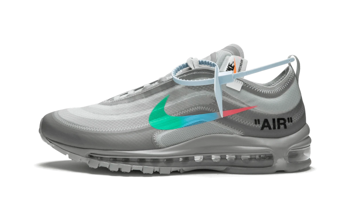 Sneaker Nike Air Max 97 Off-White Menta in leather white and grey, available in Europe — outer profile view.