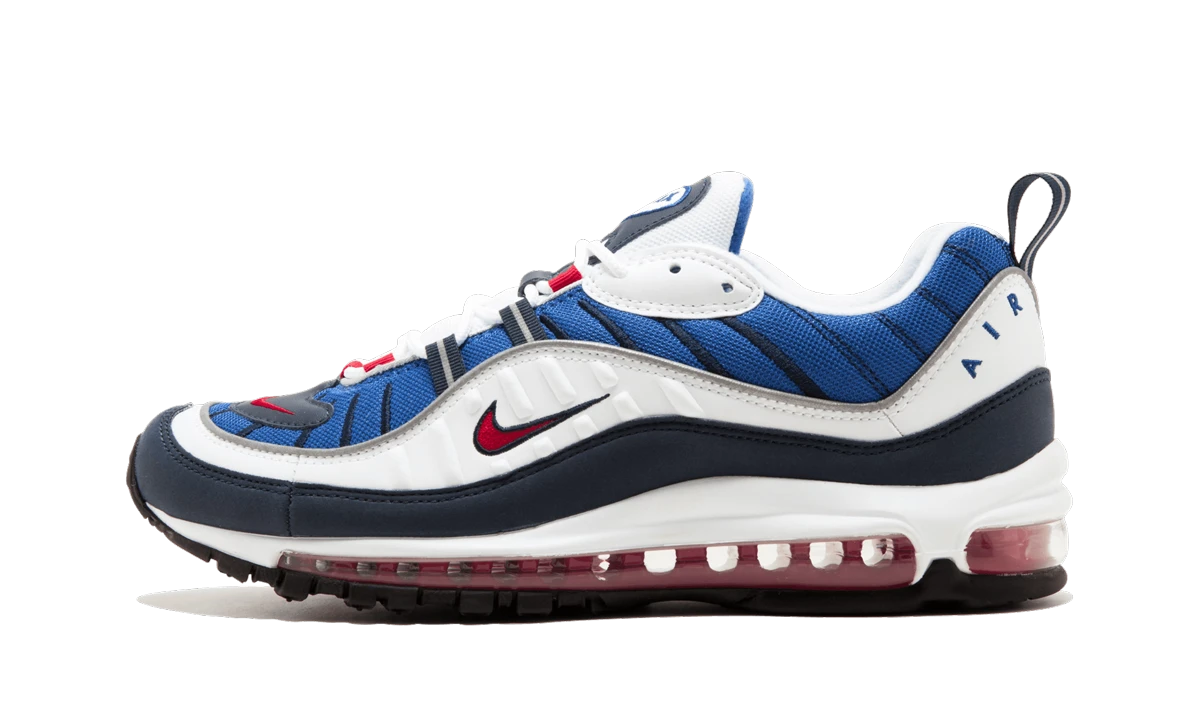 Sneaker Nike Air Max 98 Gundam (640744-100) in leather white, red and black — outer profile view.