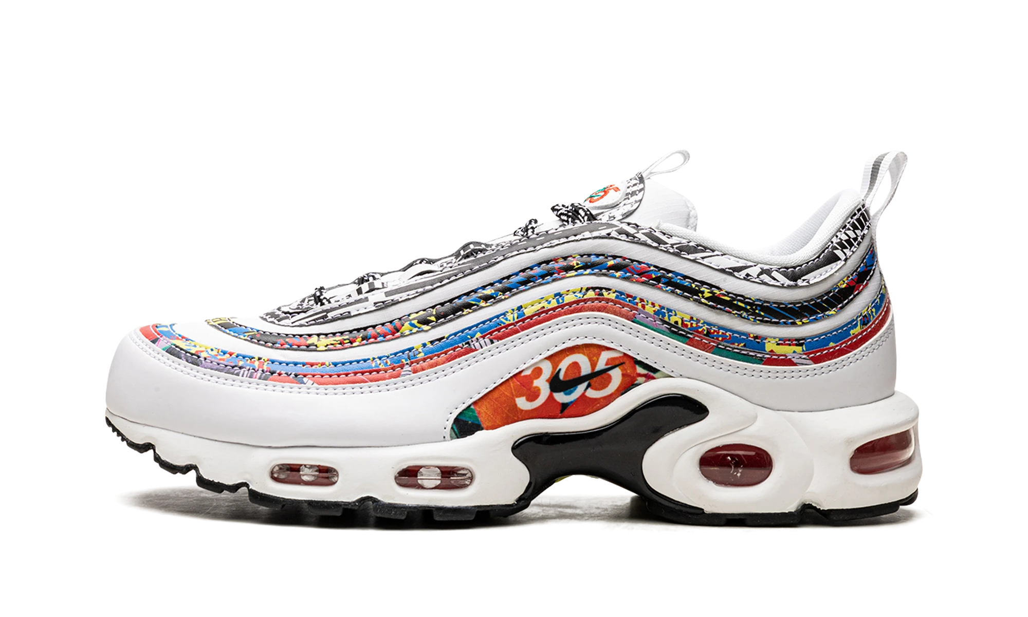 Superga Nike Air Max Plus 97 City Pride Miami (BV1227-100) iz usnje bel, črn in rdeč — pogled od zunaj.