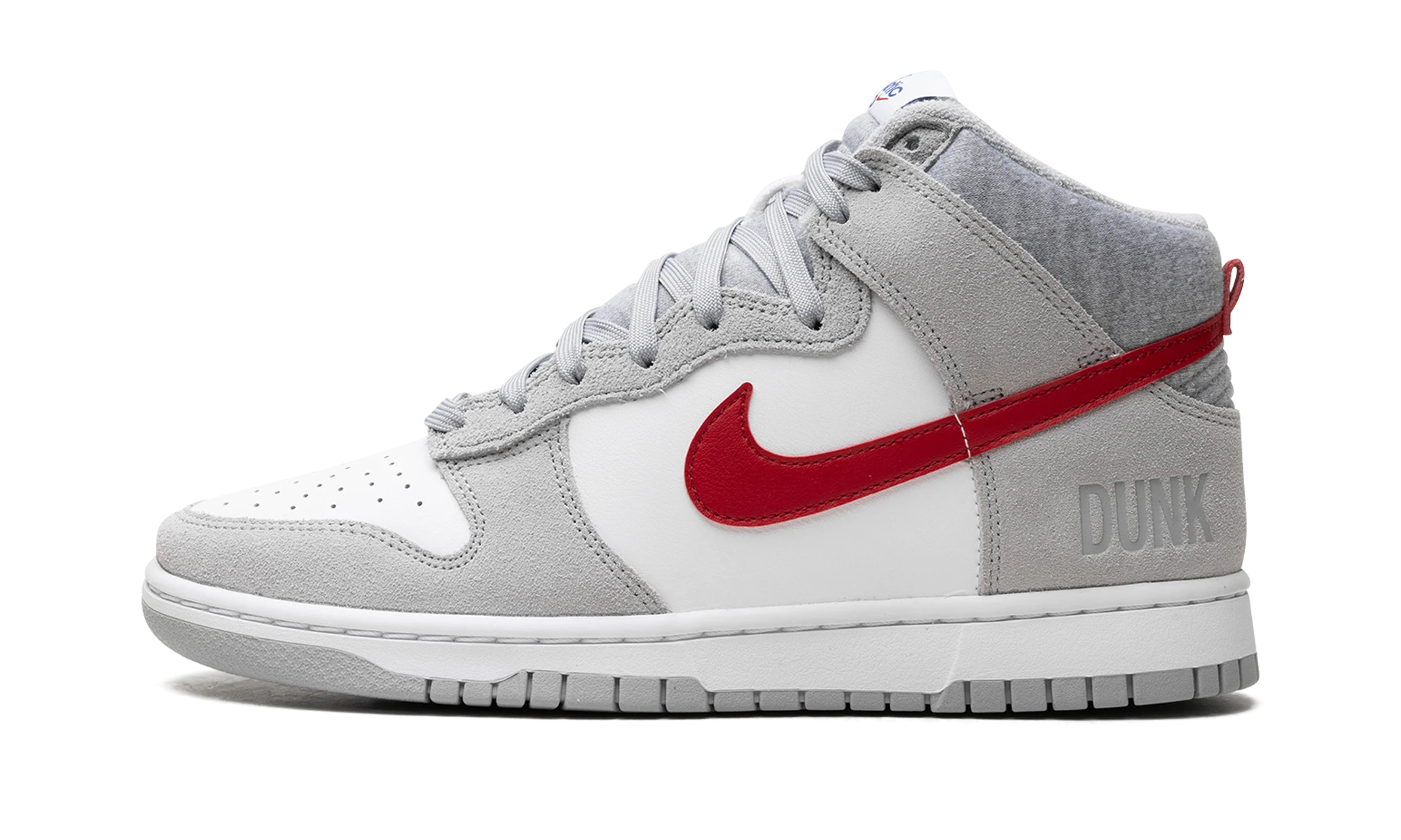 Sneaker Nike Dunk High Light Smoke Grey Gym Red (DJ6152-001) in leather grey, red and white — outer profile view.