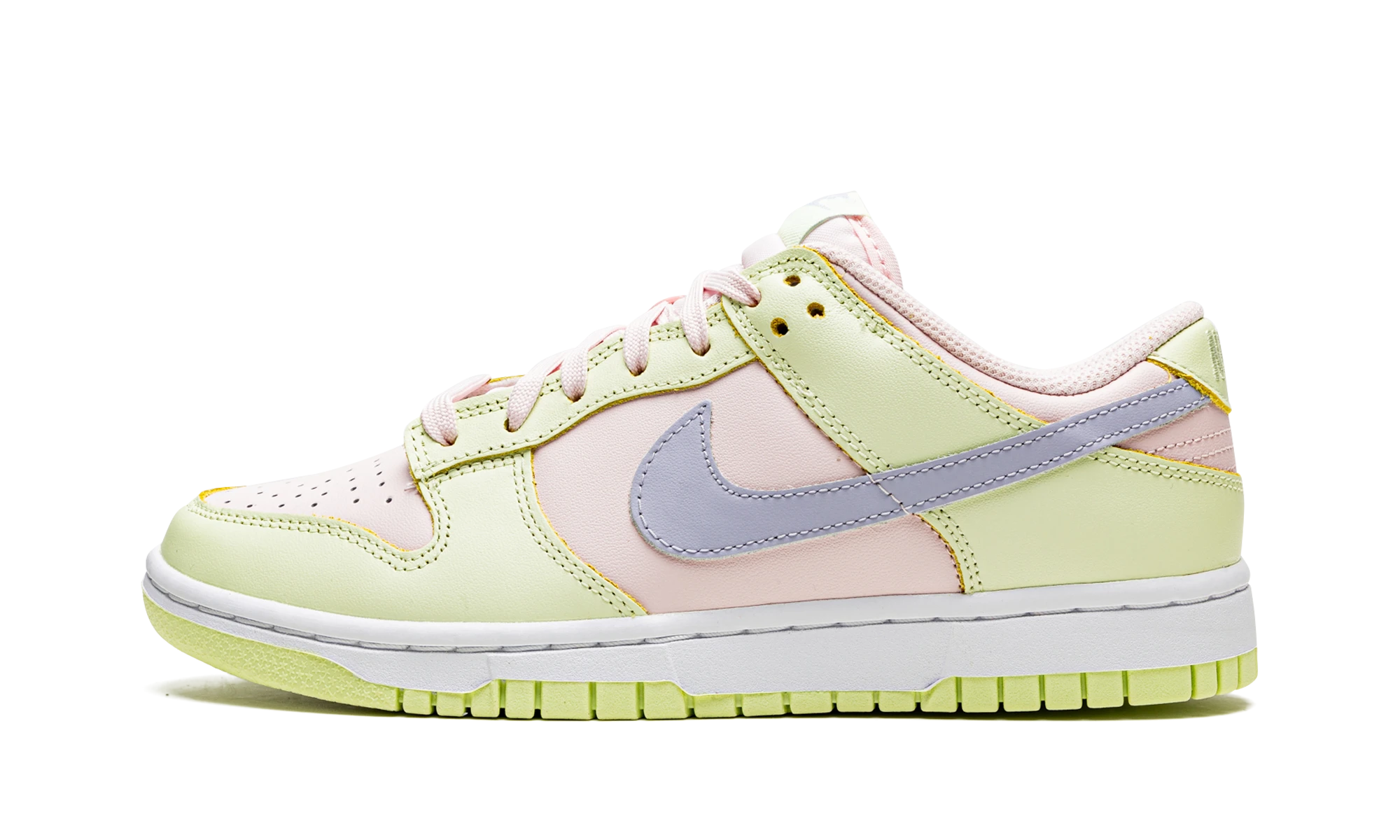 Sneaker Nike Dunk Low Lime Ice (DD1503-600) in leather pink, green and white — outer profile view.