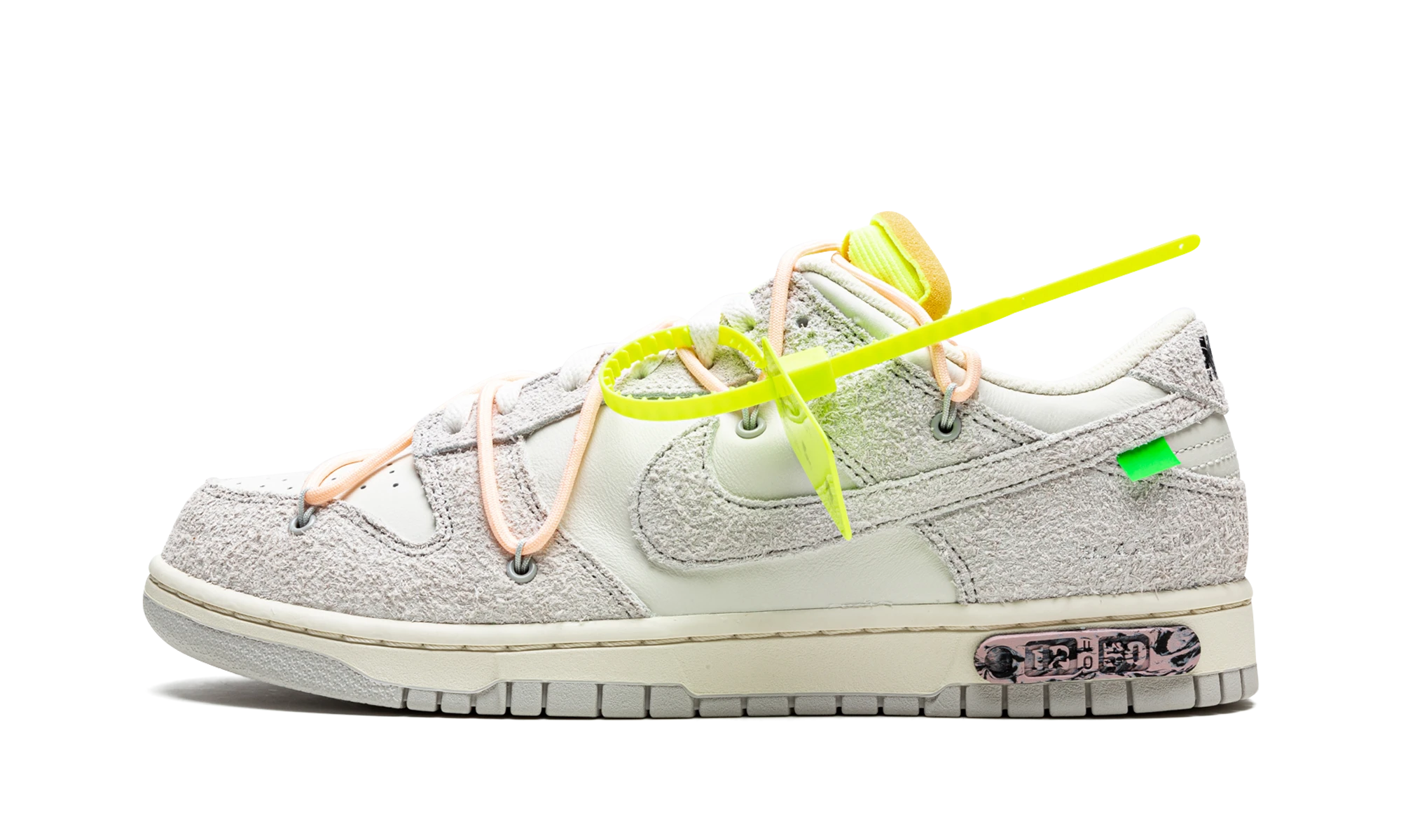 Sneaker Nike Dunk Low Off-White Lot 12 (DJ0950-100) in leather beige, grey and red — outer profile view.