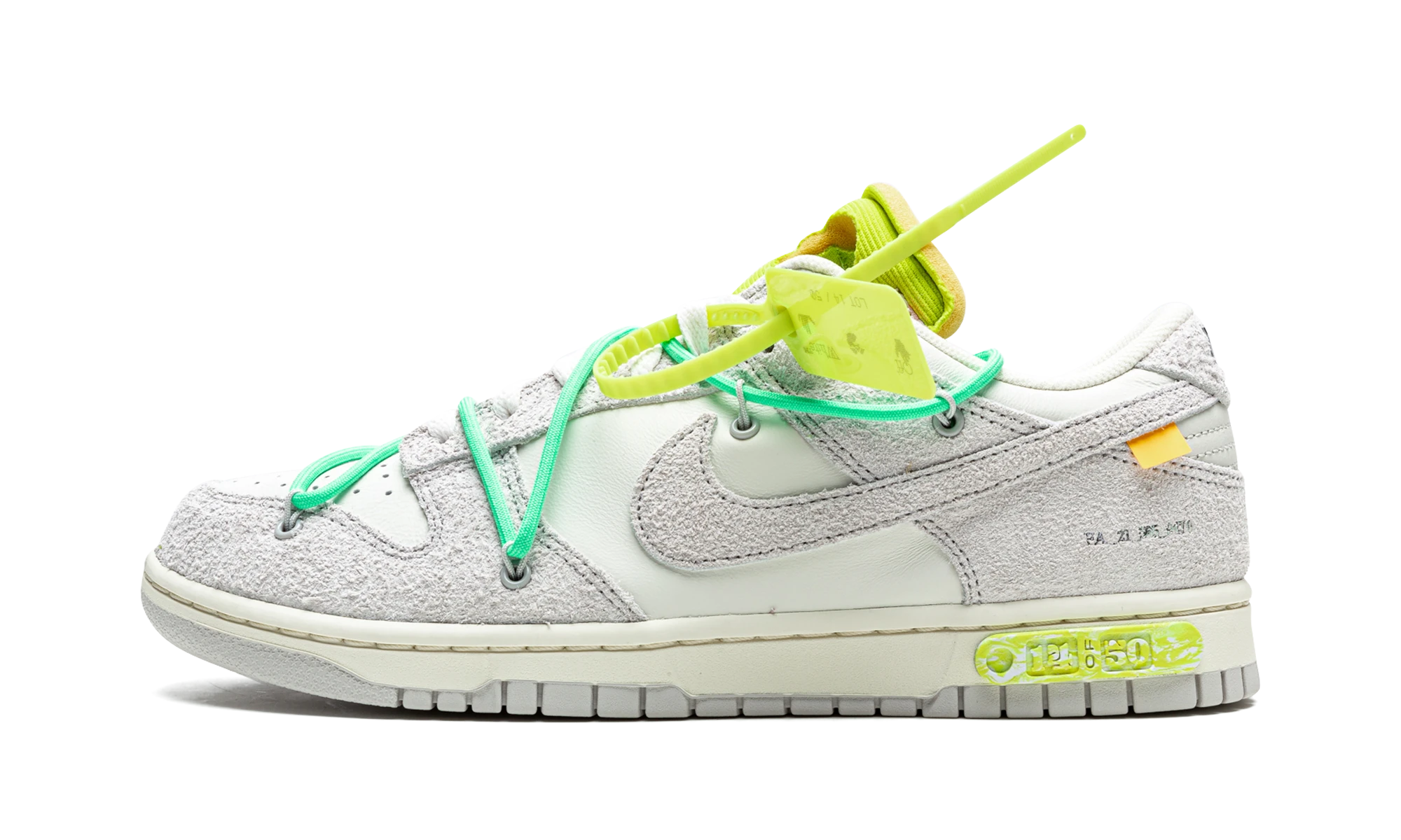Sneaker Nike Dunk Low Off-White Lot 14 (DJ0950-106) in leather beige, grey and green — outer profile view.
