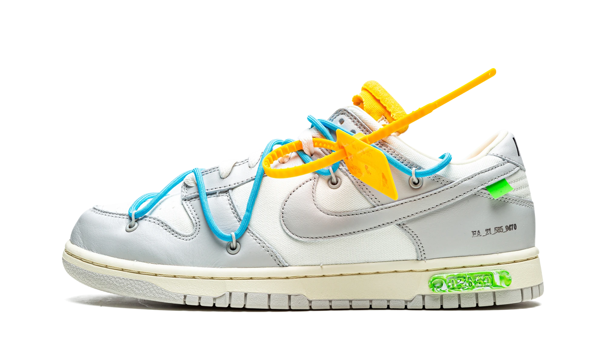Sneaker Nike Dunk Low Off-White Lot 2 (DM1602-115) in leather beige, grey and blue — outer profile view.