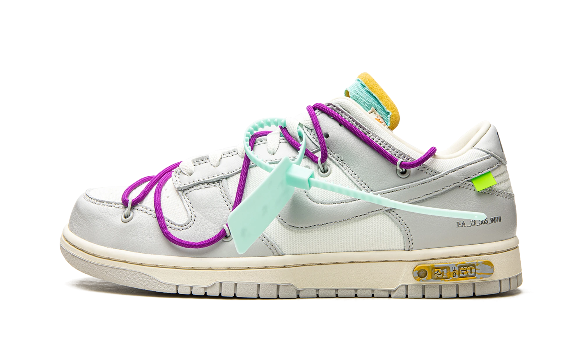 Sneaker Nike Dunk Low Off-White Lot 21 (DM1602-100) in leather beige, grey and purple — outer profile view.