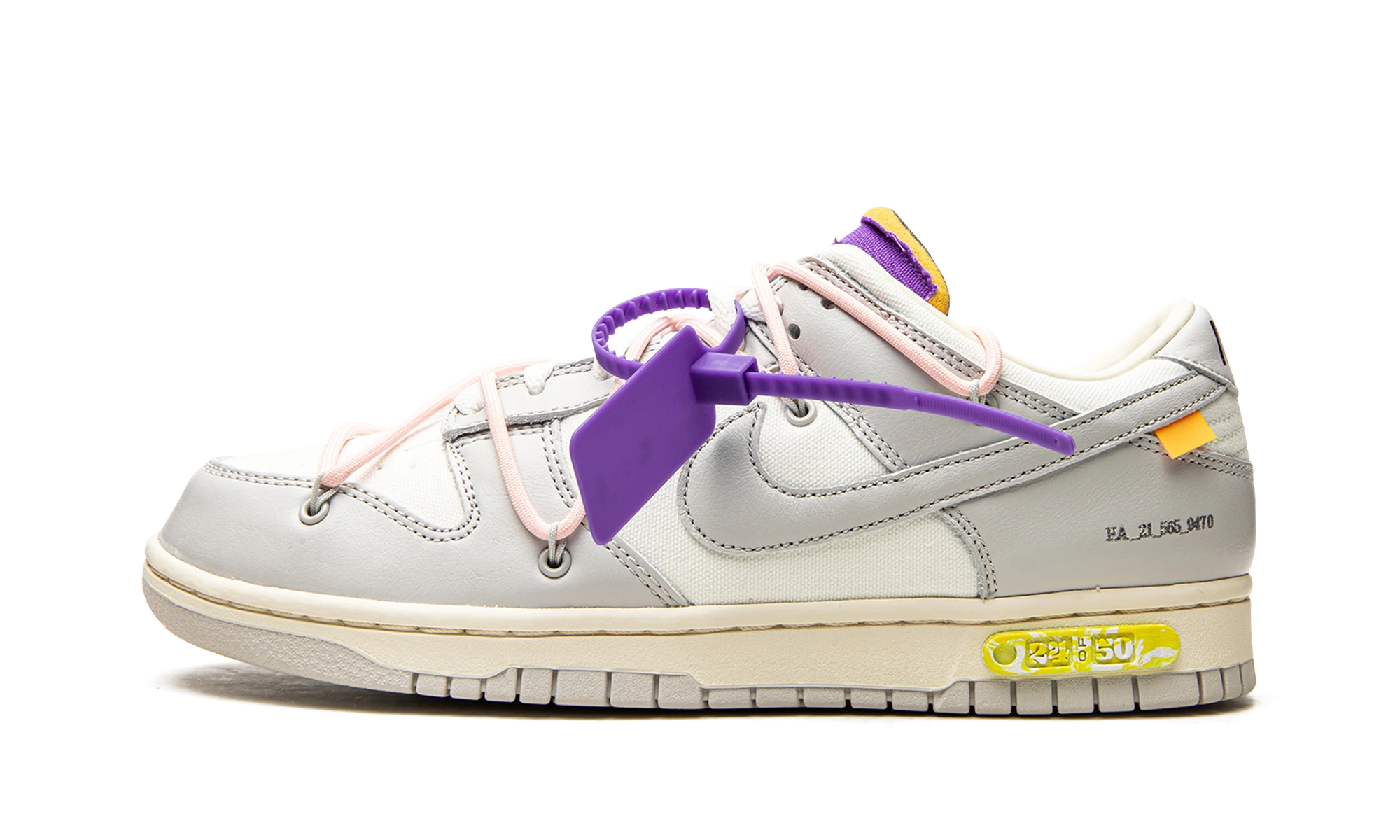 Sneaker Nike Dunk Low Off-White Lot 24 (DM1602-119) in leather beige, grey and pink — outer profile view.