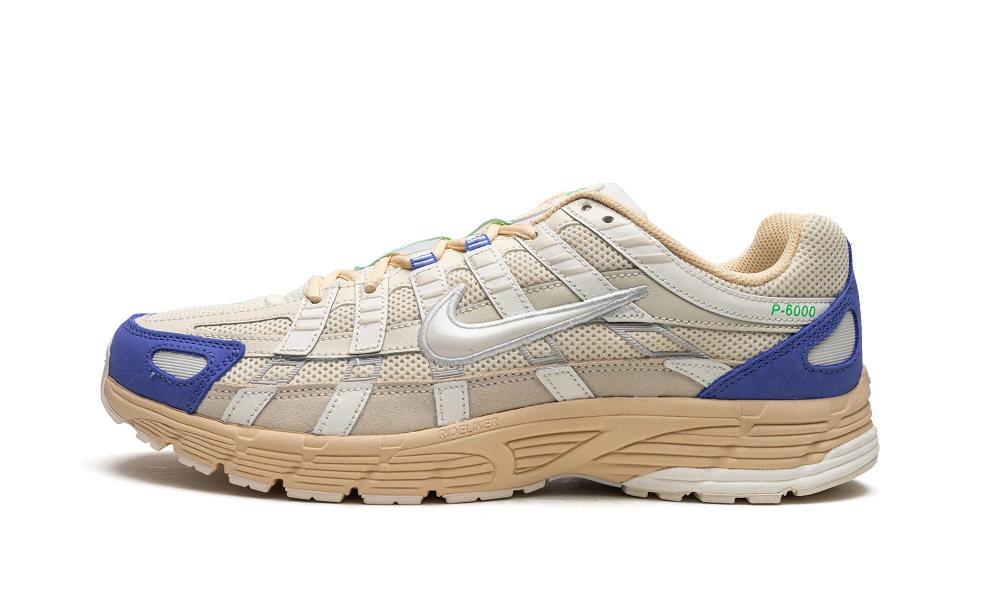 Sneaker Nike P-6000 Athletic Department Coconut Milk Medium Blue in leather white, beige and blue, available in Europe — outer profile view.
