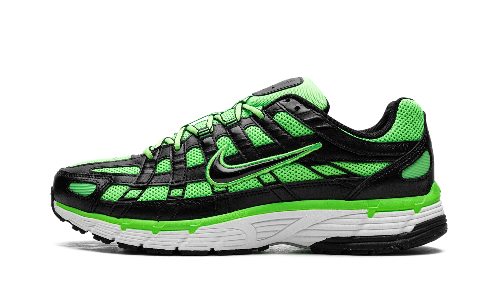 Sneaker Nike P-6000 Green Strike in leather green, black and silver, available in Europe — outer profile view.